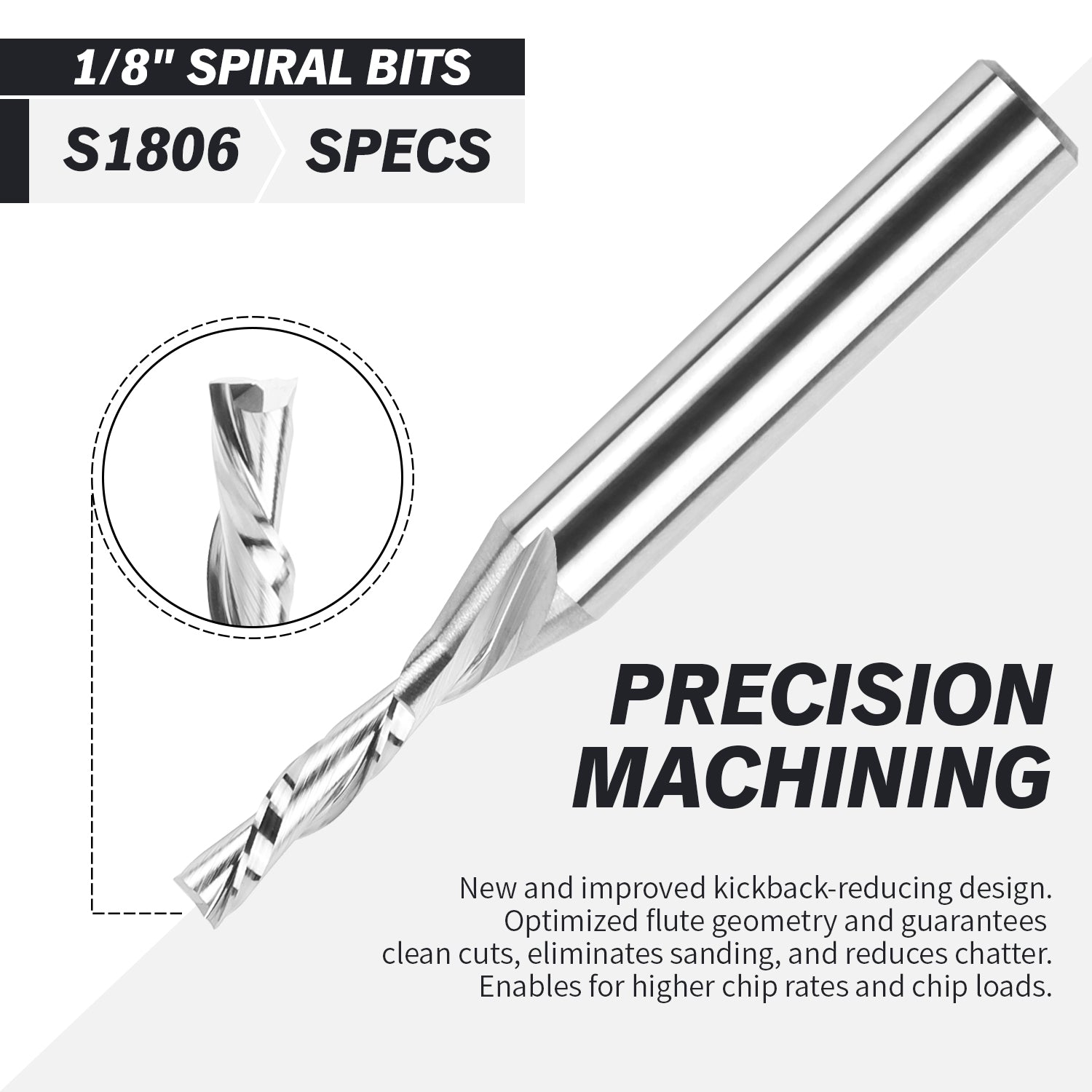 S1806 Solid Carbide Downcut Spiral Router Bit - 2Flutes - 1/4 SD - 1/8 CD - 1/2 CL - 2 OL - Zahyox
