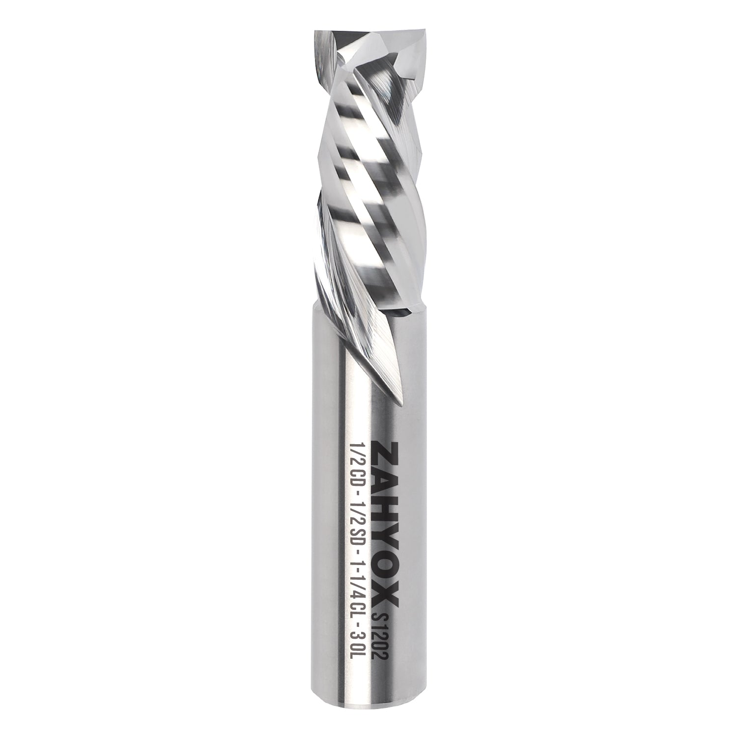 1/2" Shank Compression CNC Spiral Router Bit - 2 Flutes - 1/2" Cutting Dia - 1-1/4" LOC - 3" OAL - S1202 - Zahyox