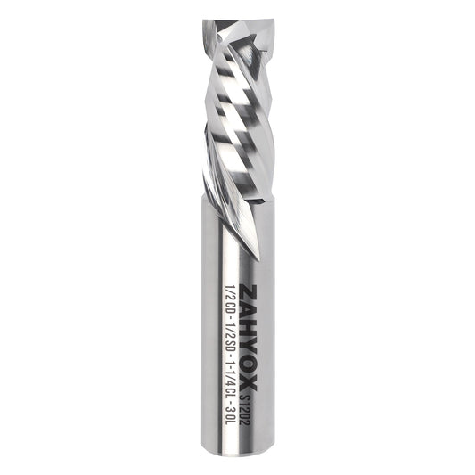 1/2" Shank Compression CNC Spiral Router Bit - 2 Flutes - 1/2" Cutting Dia - 1-1/4" LOC - 3" OAL - S1202 - Zahyox