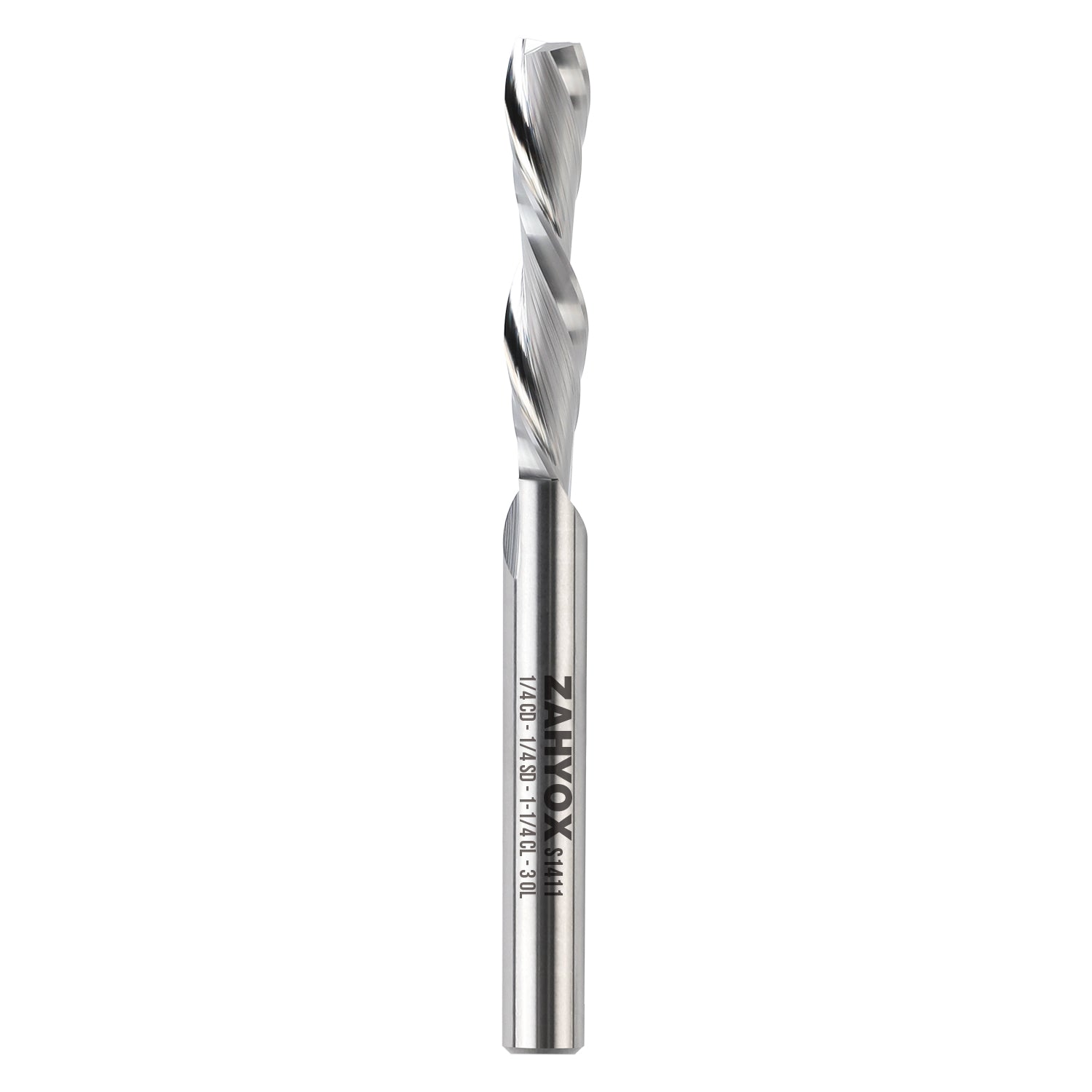 S1411 Solid Carbide Downcut Spiral Router Bit - 2Flutes - 1/4 SD - 1/4 CD - 1-1/4 CL - 3 OL - Zahyox