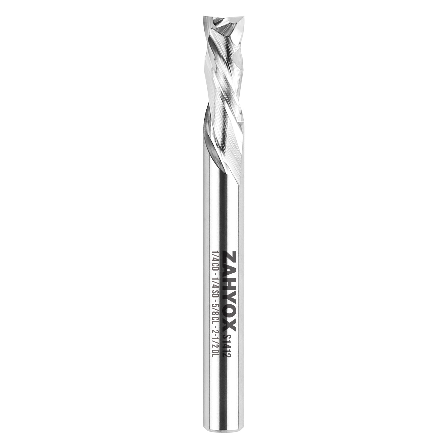 S1412 Solid Carbide Compression Spiral Router Bit - 2 Flutes - 1/4 SD - 1/4 CD - 5/8 CL - 2-1/2 OL - 3/16 UCL - Zahyox