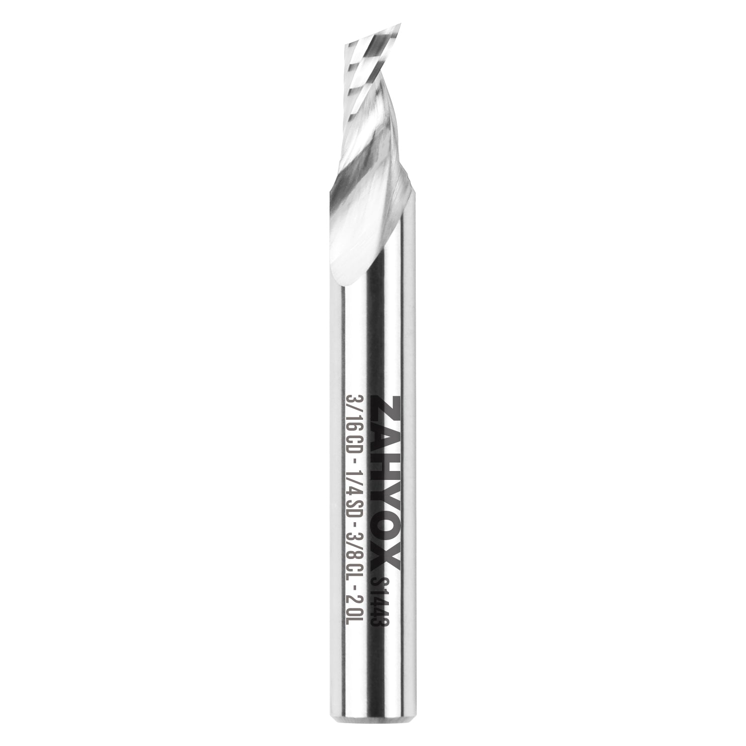 S1443 Solid Carbide Upcut Spiral Router Bit - O Flutes - 3/16 CD - 1/4 SD - 3/8 CL - 2 OL - Zahyox
