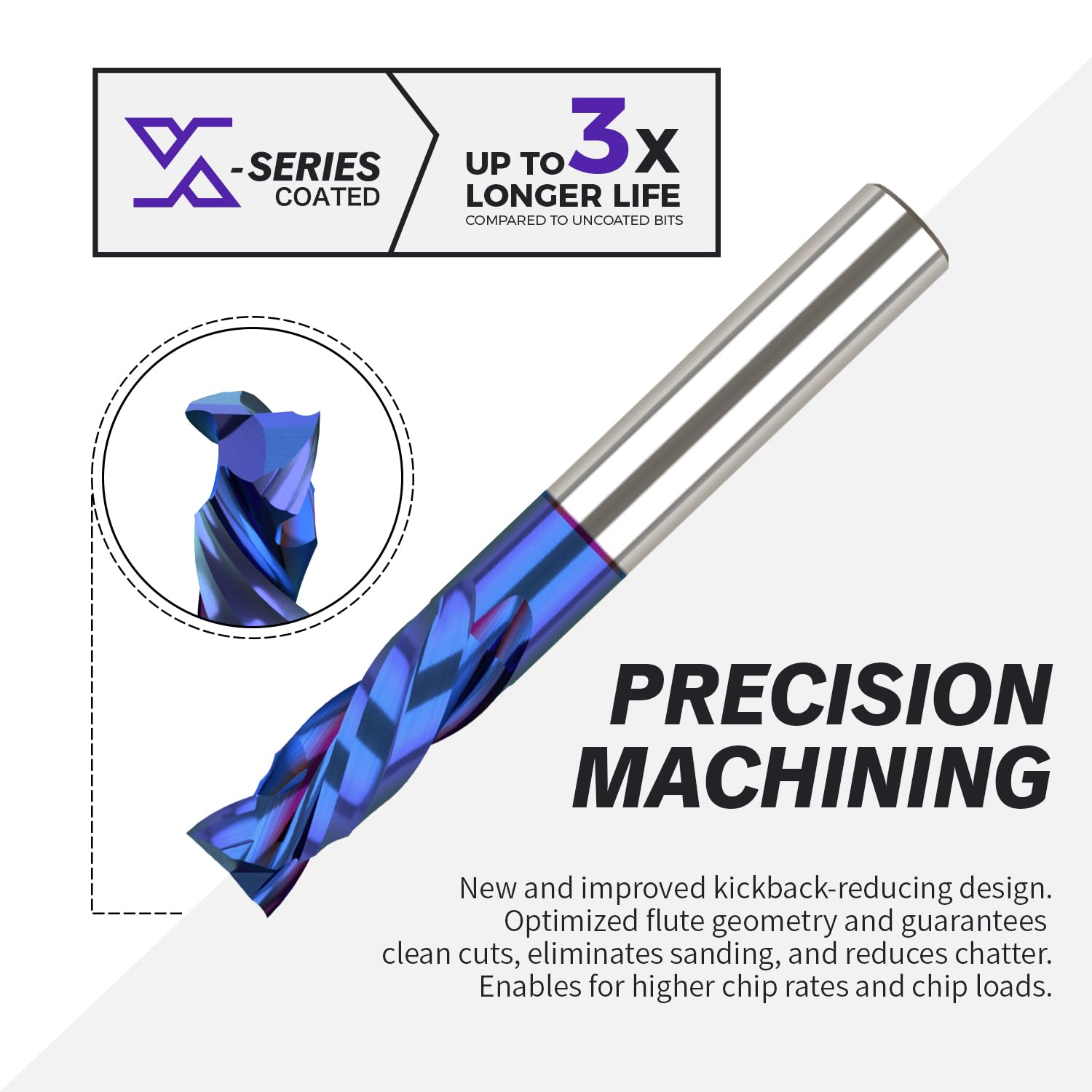 3/8" Shank Solid Carbide nACo Coated Compression Spiral Router Bit - 2 Flutes - 3/8" Cutting Dia - 1-1/8" LOC - 3" OAL - 1/4" UCL - S3813 PRO - Zahyox