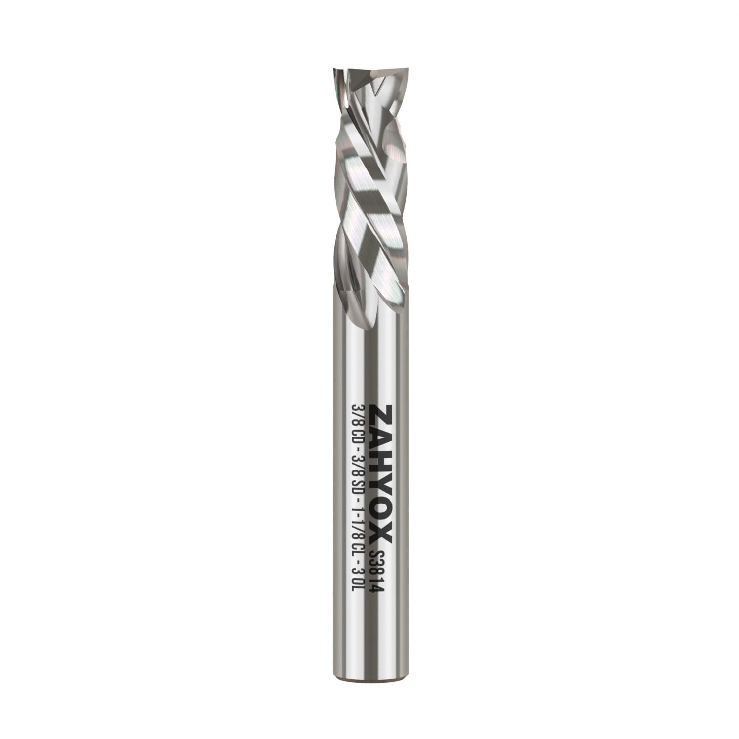 3/8" Shank Solid Carbide Compression Spiral Router Bit - 2 Flutes - 3/8" Cutting Dia - 1-1/8" LOC - 3" OAL - 1/4" UCL - S3814 PRO - Zahyox