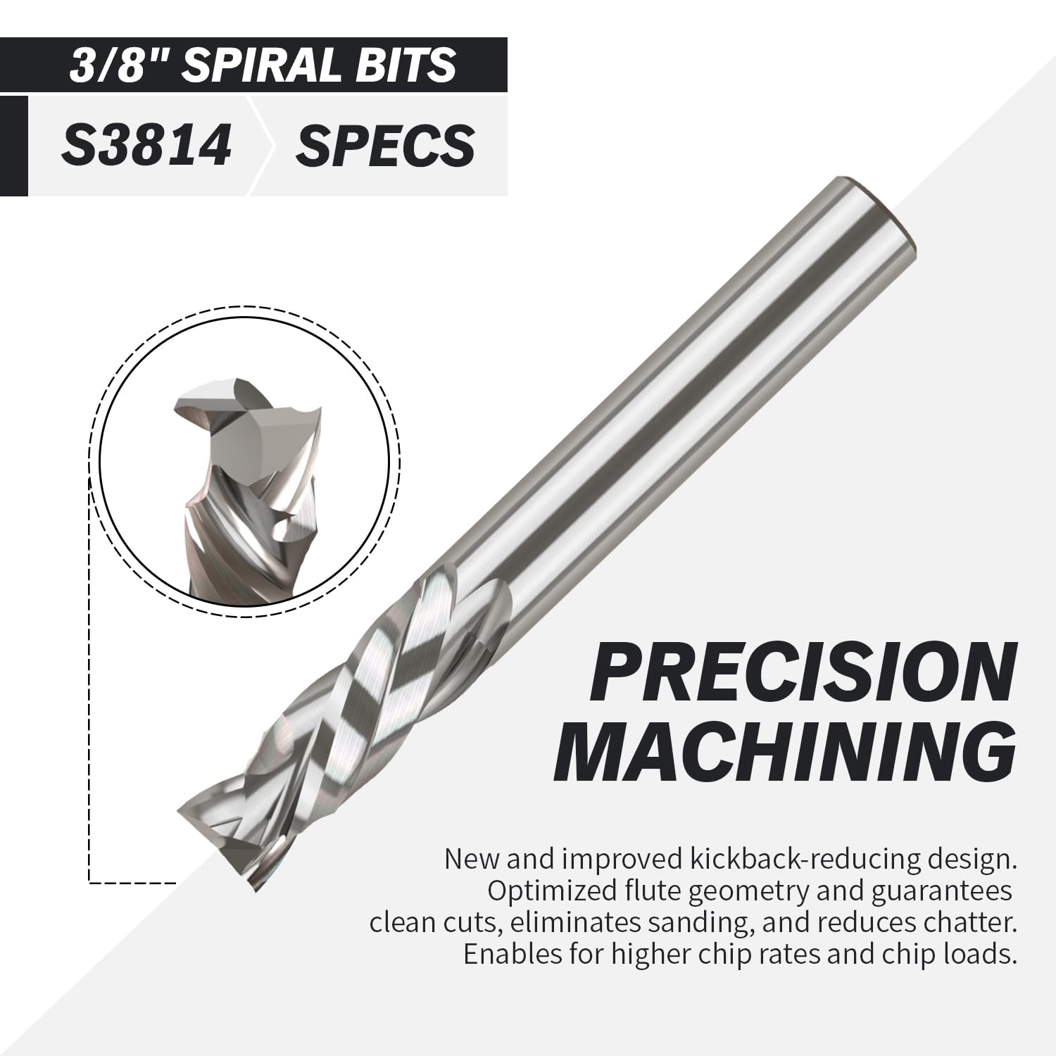 3/8" Shank Solid Carbide Compression Spiral Router Bit - 2 Flutes - 3/8" Cutting Dia - 1-1/8" LOC - 3" OAL - 1/4" UCL - S3814 PRO - Zahyox