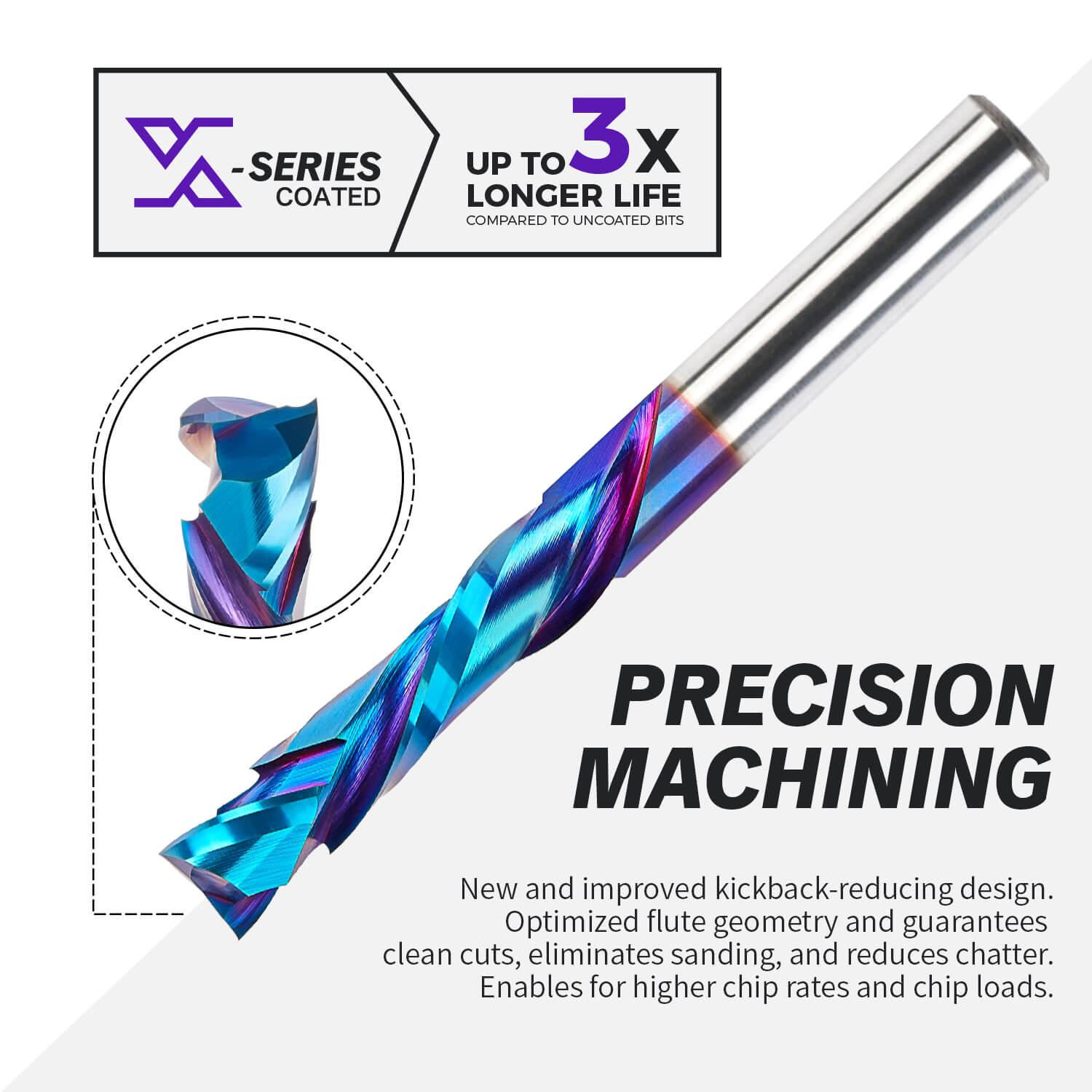 3/8" Shank Compression nACo Coated Spiral Router Bit - 2 Flutes - 3/8" Cutting Dia - 1-5/8" LOC - 3-1/2" OAL - S3815 PRO - Zahyox
