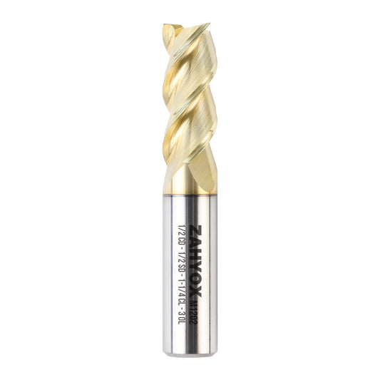 M1202 - CNC Square End Mill, Aluminum Cutting 1/2“ SD x 1/2” CD x 1-1/4“ LOC x 3” OAL x 3 Flute ZrN SC Coated Up-Cut Router Bit - Zahyox