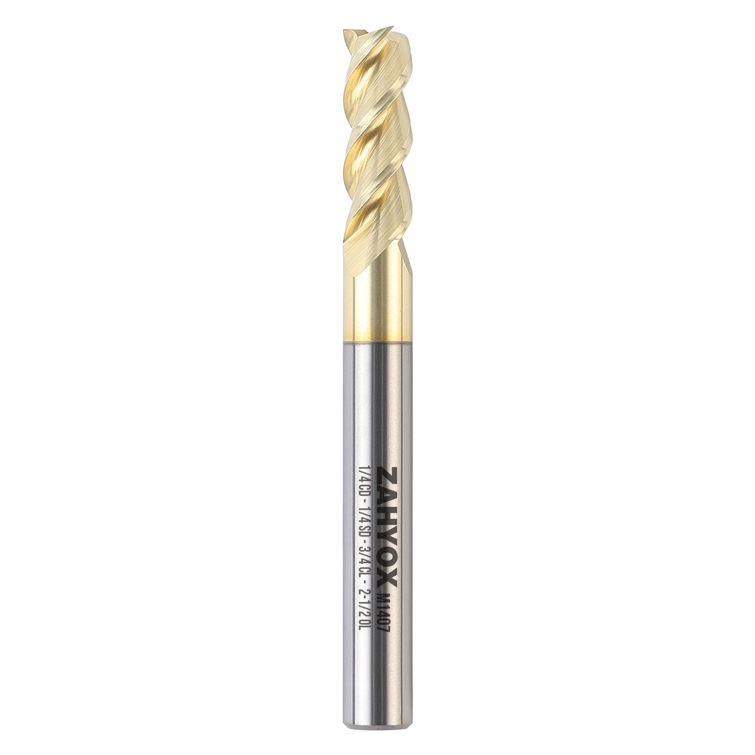 M1407 ZrN Coated Upcut End Mill for Aluminum - 3 Flutes - 1/4 Dia - 1/4 Shank - 3/4 LOC - 2-1/2 OAL - Zahyox