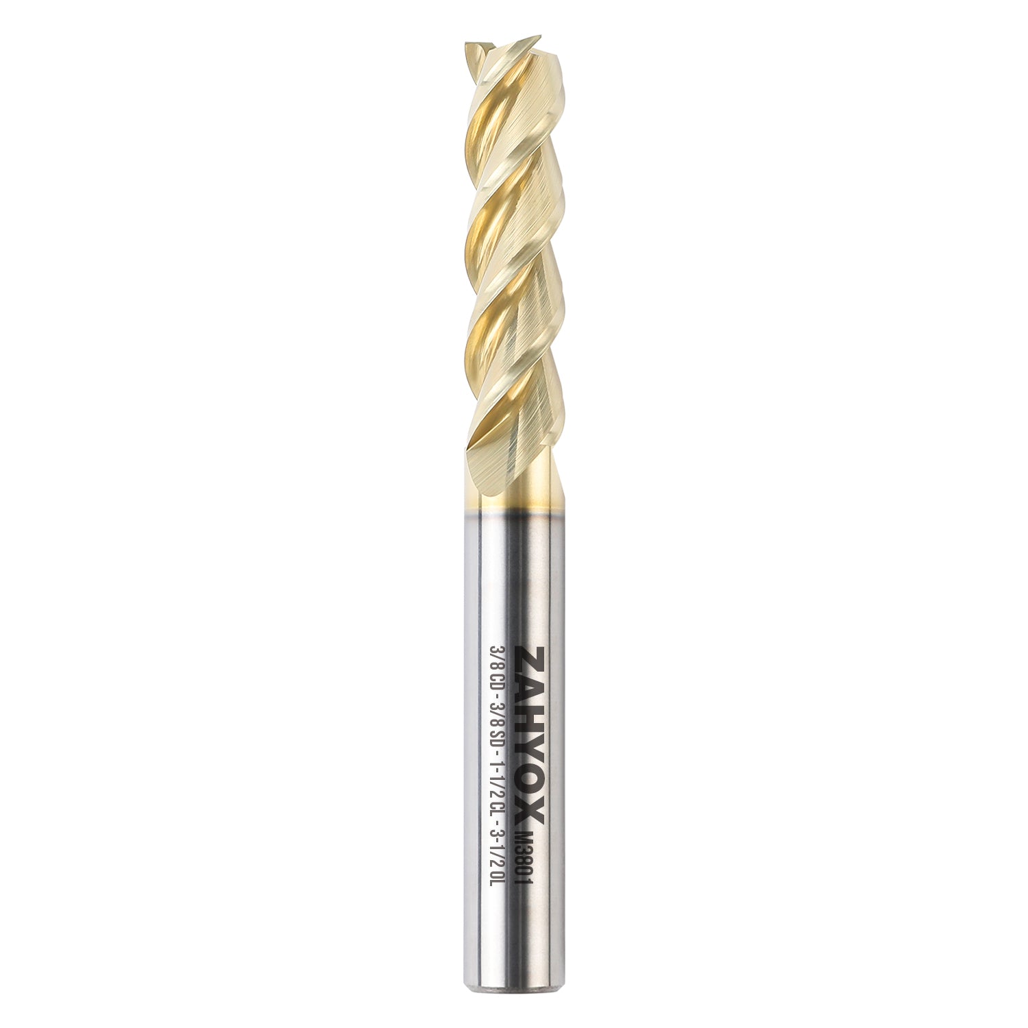 M3801 ZrN Coated Upcut End Mill - 3 Flutes - 3/8 Dia - 3/8 Shank - 1-1/2 LOC - 3-1/2 OAL - Zahyox