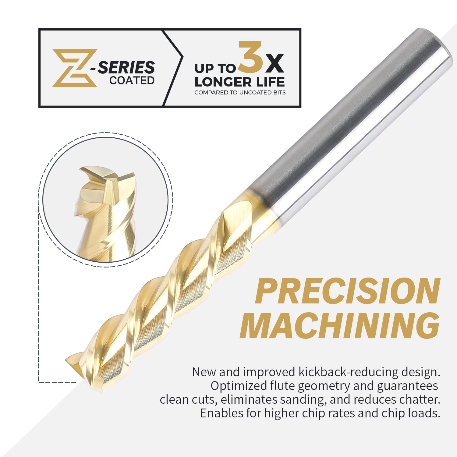 M3801 ZrN Coated Upcut End Mill - 3 Flutes - 3/8 Dia - 3/8 Shank - 1-1/2 LOC - 3-1/2 OAL - Zahyox