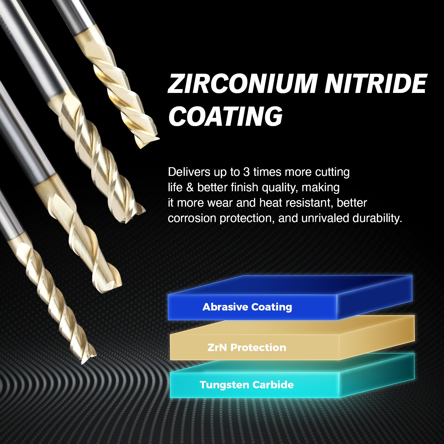 M3801 ZrN Coated Upcut End Mill - 3 Flutes - 3/8 Dia - 3/8 Shank - 1-1/2 LOC - 3-1/2 OAL - Zahyox