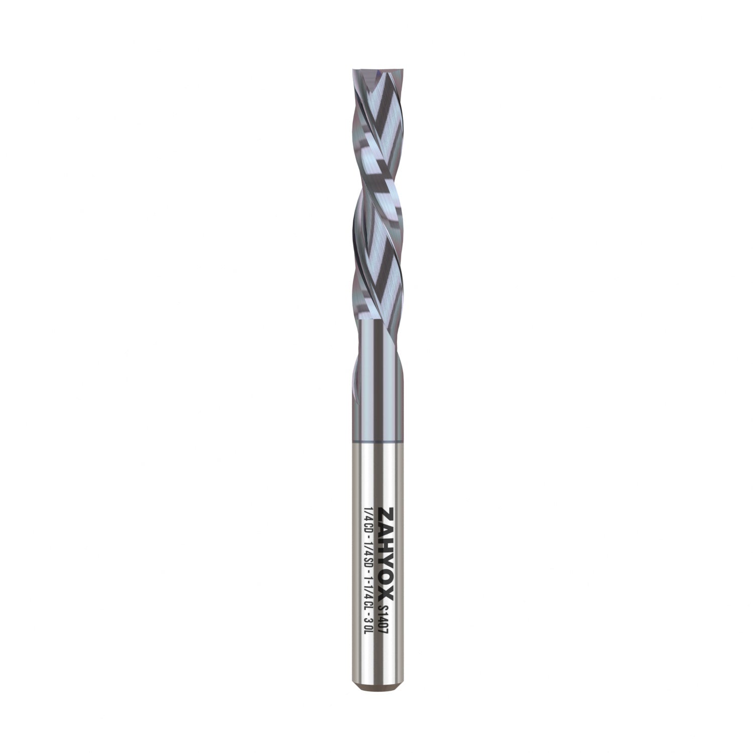 S1407 Solid Carbide TiAlN Coated Downcut Spiral Router Bit - 2 Flutes - 1/4 SD - 1/4 CD - 1-1/4 CL - 3 OL - Zahyox