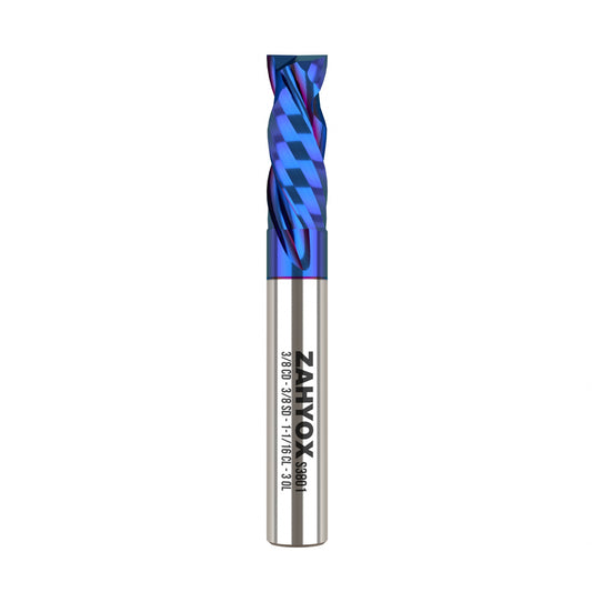3/8" Shank Compression nACo Coated CNC Spiral Router Bit - 2 Flutes - 3/8" Cutting Dia - 1-1/16" LOC - 3OAL - S3801 - Zahyox