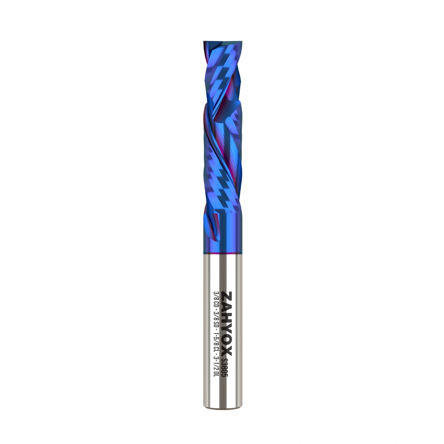 3/8" Shank Solid Carbide Compression nACo Coated CNC Spiral Router Bit - 2 Flutes - 3/8" Cutting Dia - 1-5/8" LOC - 3-1/2" OAL - S3805 - Zahyox