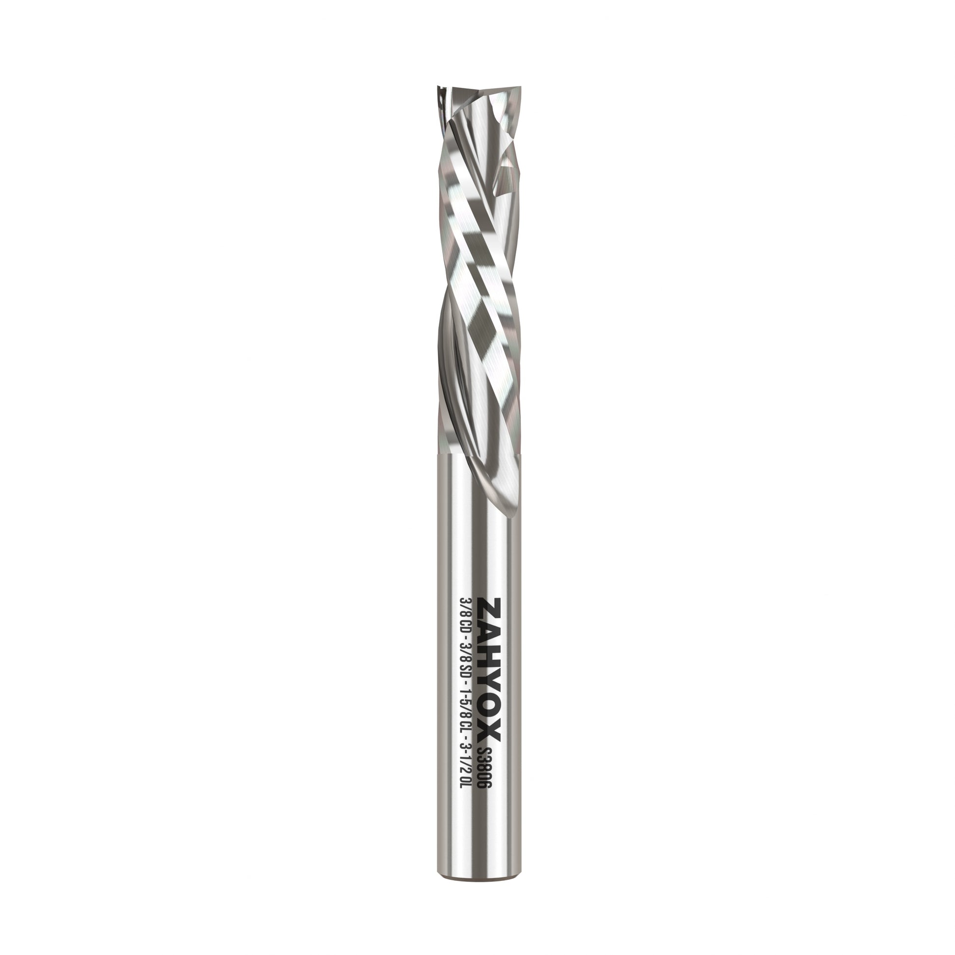 3/8" Shank Solid Carbide Compression CNC Spiral Router Bit - 2 Flutes - 3/8" Cutting Dia - 1-5/8" LOC - 3-1/2" OAL - S3806 - Zahyox