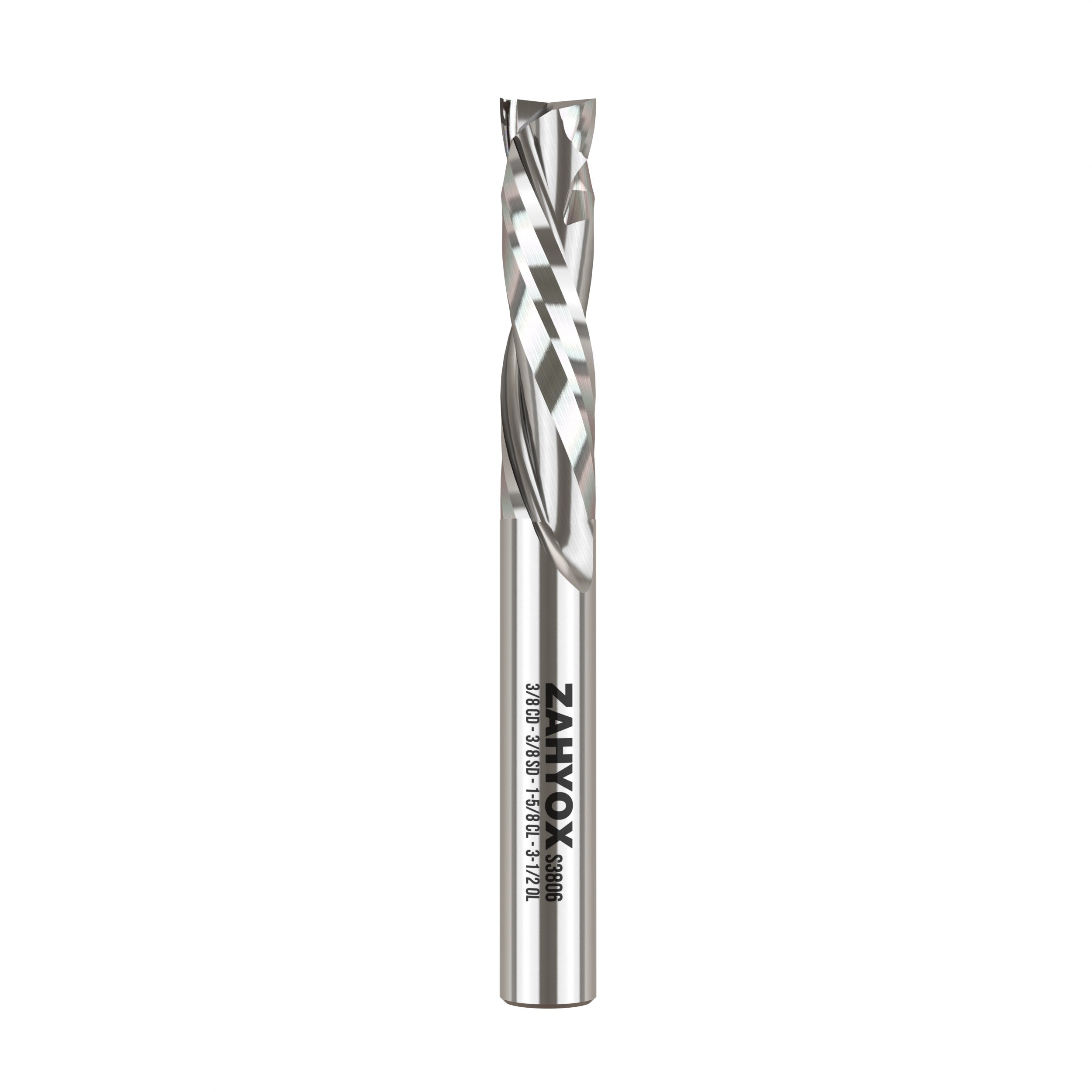 3/8" Shank Solid Carbide Compression CNC Spiral Router Bit - 2 Flutes - 3/8" Cutting Dia - 1-5/8" LOC - 3-1/2" OAL - S3806 - Zahyox