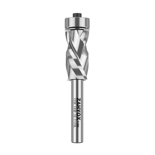 F1404 Compression Flush Trim Router Bit with Bottom Bearing - 1/4 SD - 1/2 CD - 1 CL - 2-1/2 OL - Zahyox