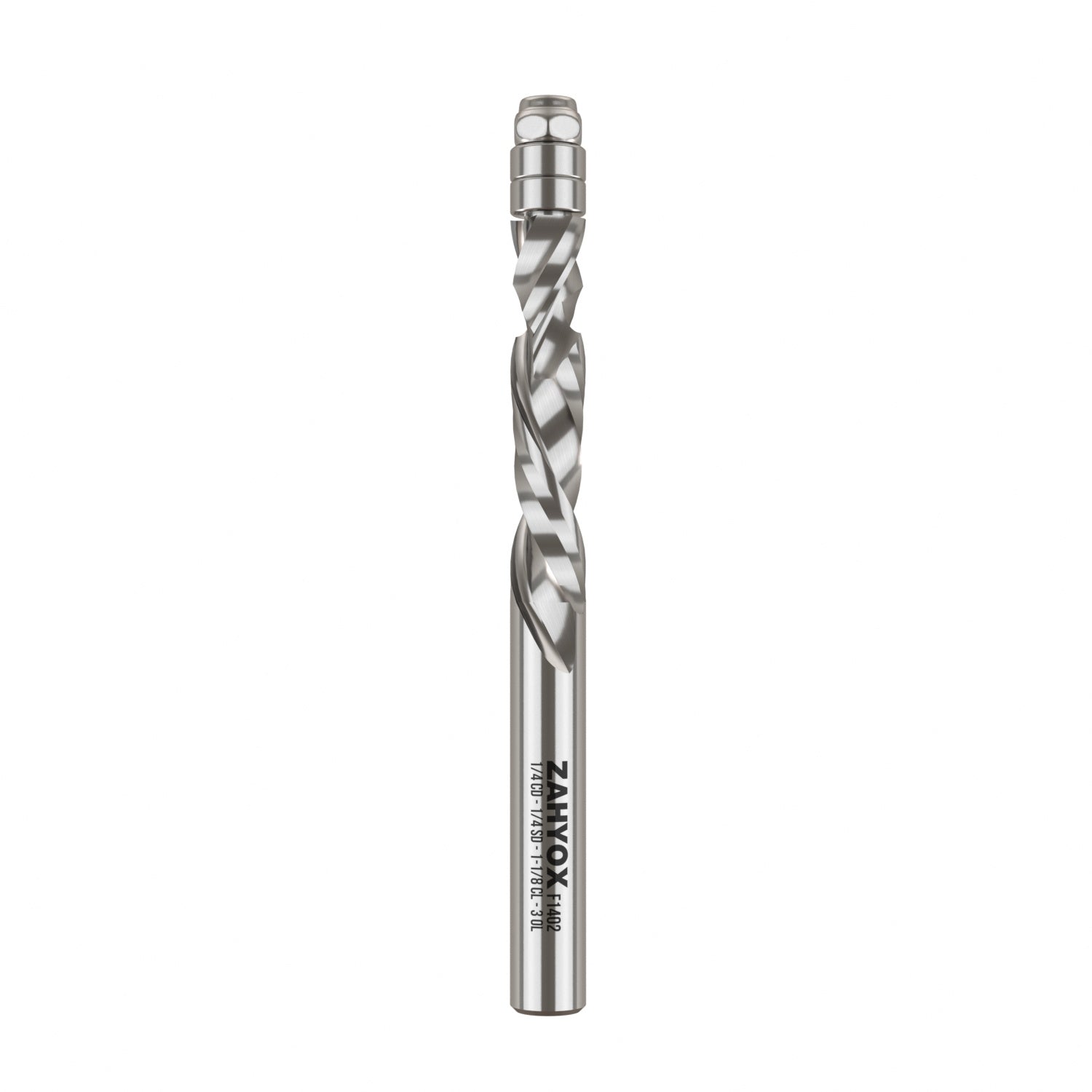 F1402 Compression Spiral Flush Trim Bit with Bottom Bearing - 1/4 SD - 1/4 CD - 1-1/8 CL - 3 OL - Zahyox