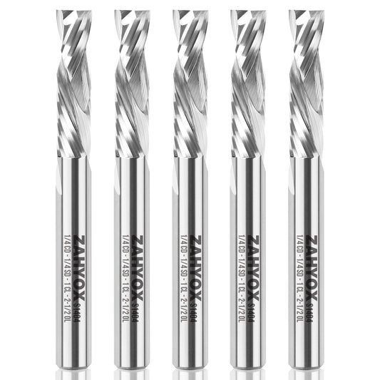 5Pack - S1404 Solid Carbide Compression Spiral Router Bits - 2 Flutes - 1/4 SD - 1/4 CD - 1 CL - 2-1/2 OL - Zahyox