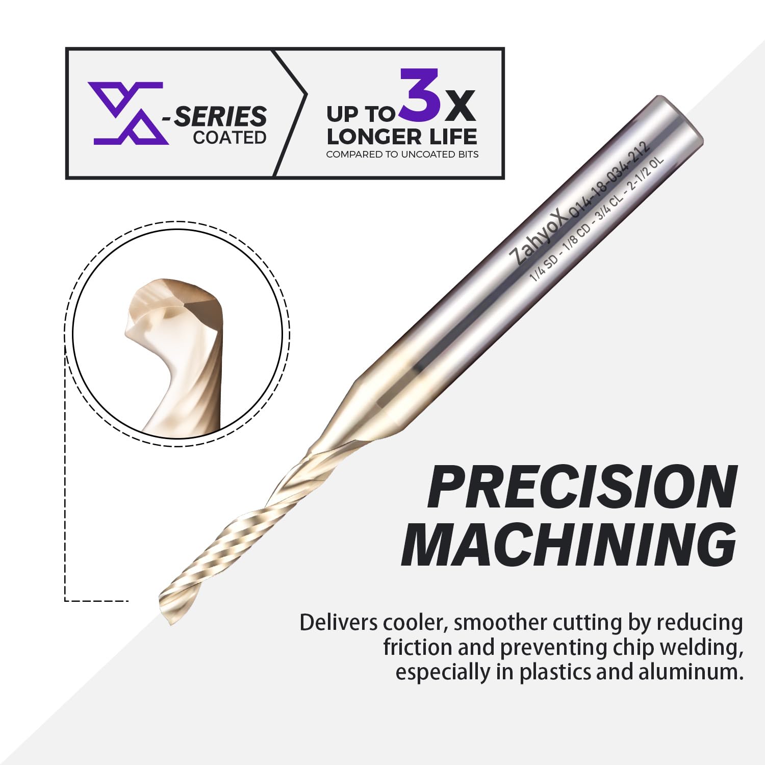 ZahyoX O Flute Upcut Spiral Router Bit 1/4" Shank, 1/8" Cutting Dia, 3/4" Cutting Length, 2-1/2" OVL (Pack of 3), Single Flute CNC Bit for Plastic, Acrylic, PVC, ABS (Copy) - Zahyox