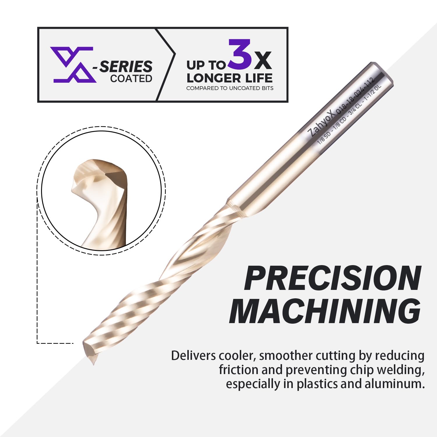 ZahyoX O Flute Upcut Spiral Router Bit 1/8" Shank, 1/8" Cutting Dia, 3/4" Cutting Length, 2-1/2" OVL (Pack of 3), Single Flute CNC Bit for Plastic, PVC, Acrylic, ABS (Copy) - Zahyox