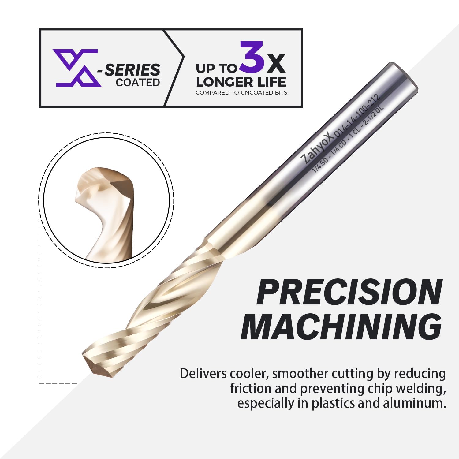 ZahyoX O Flute Upcut Spiral Router Bit 1/4" Shank, 1/4" Cutting Dia, 1" Cutting Length, 2-1/2" OVL (Pack of 3), Single Flute CNC Bit for Acrylic Sheets, PVC Boards, Plastics (Copy) - Zahyox