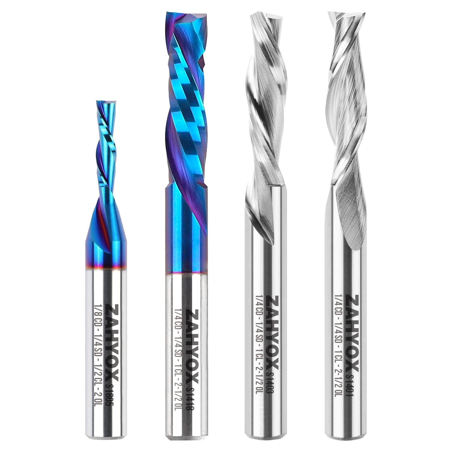 CNC Flat End Mill Starter's kit 1/4 SD With Upcut Downcut and Compression - Zahyox