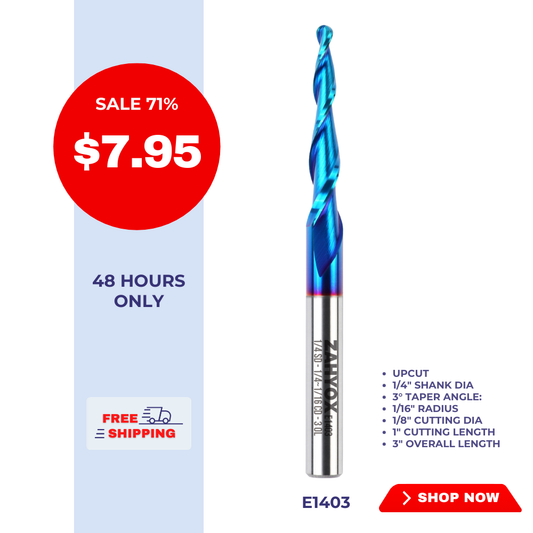 E1403 2D and 3D Carving nACo Coated Upcut Tapered Ball Nose Bit - 3° - 1/16 Radius - 1/4 SD - 1/4~1/16 CD - 3 OL - 1 CL
