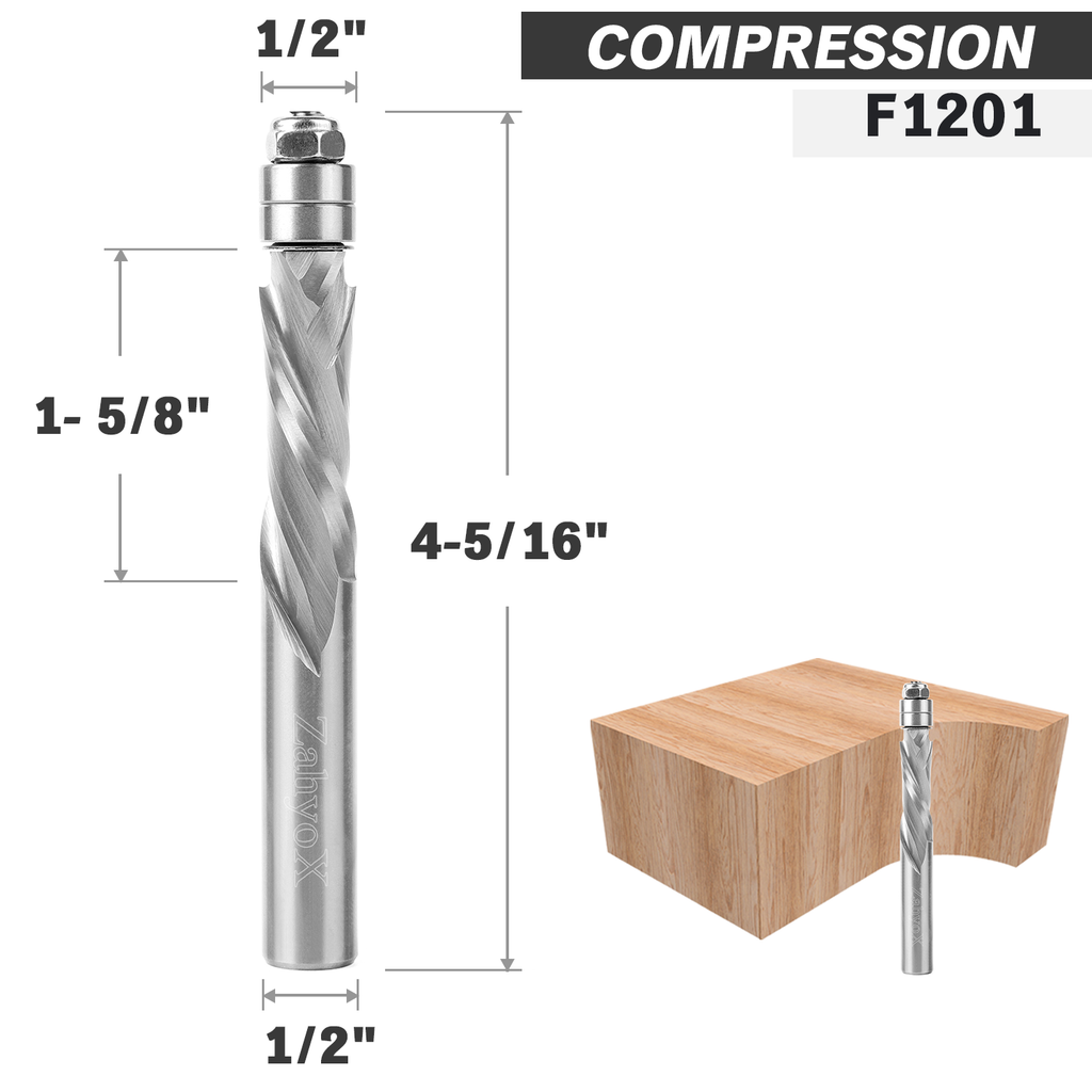 F1201 Compression Spiral Flush Trim Bit with Bottom Bearing- 1/2 SD - 1/2 CD - 1-5/8 CL - 4-5/16 OL - Zahyox