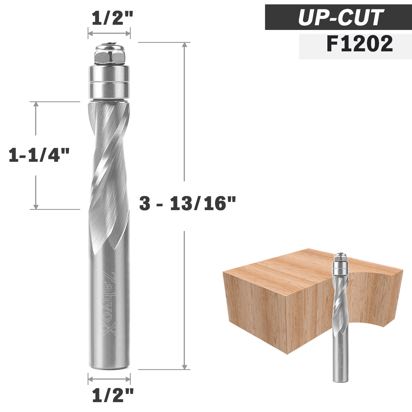 F1202 Upcut Spiral Flush Trim Bit with Bottom Bearing- 1/2 SD - 1/2 CD - 1-1/4 CL - 3-13/16 OL