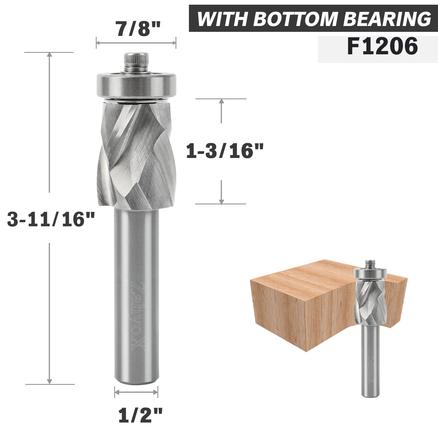 F1206 Compression Spiral Flush Trim Bit with Bottom Bearing - 1/2 SD - 7/8 CD - 1-3/16 CL - 3-11/16 OL - Zahyox