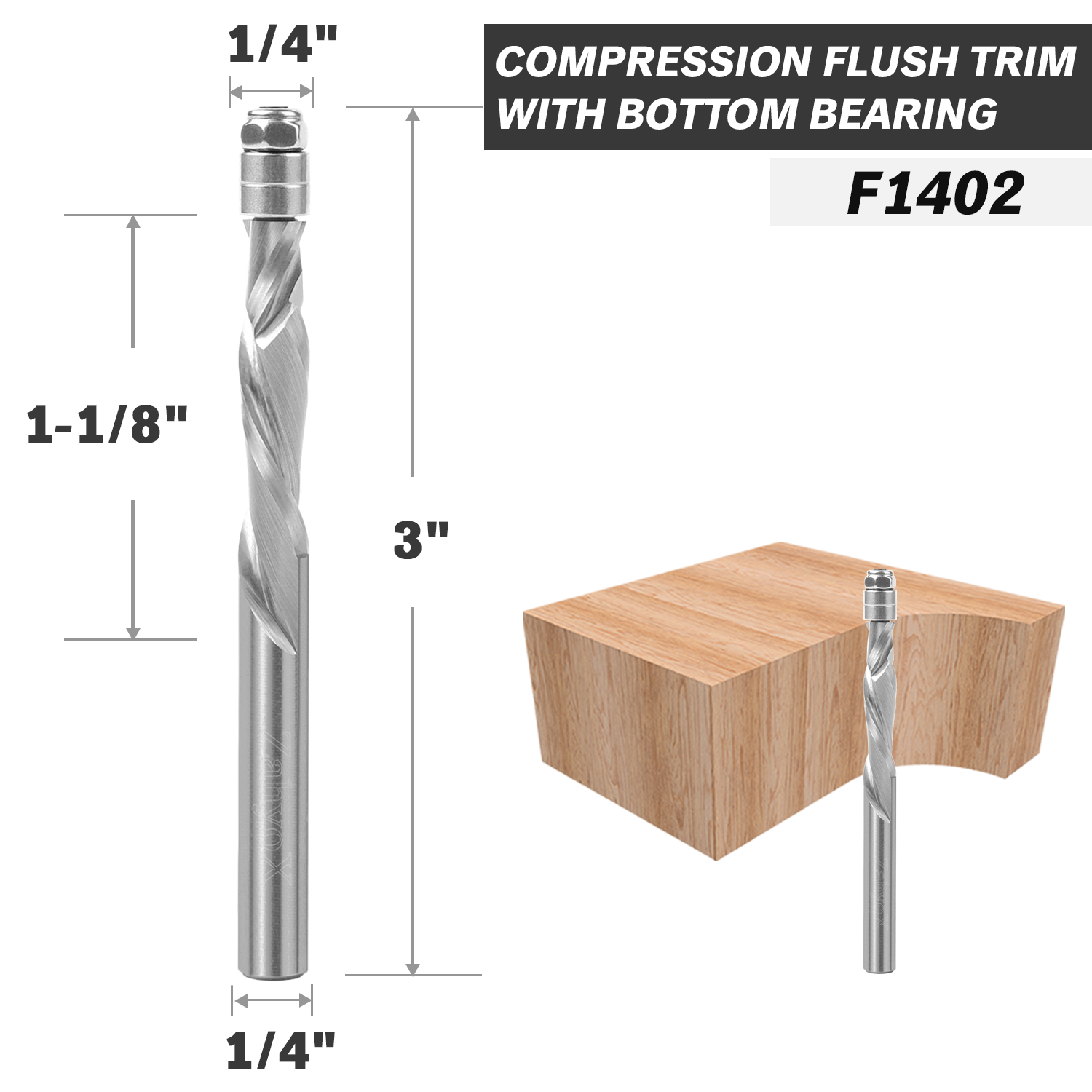 F1402 Compression Spiral Flush Trim Bit with Bottom Bearing - 1/4 SD - 1/4 CD - 1-1/8 CL - 3 OL - Zahyox