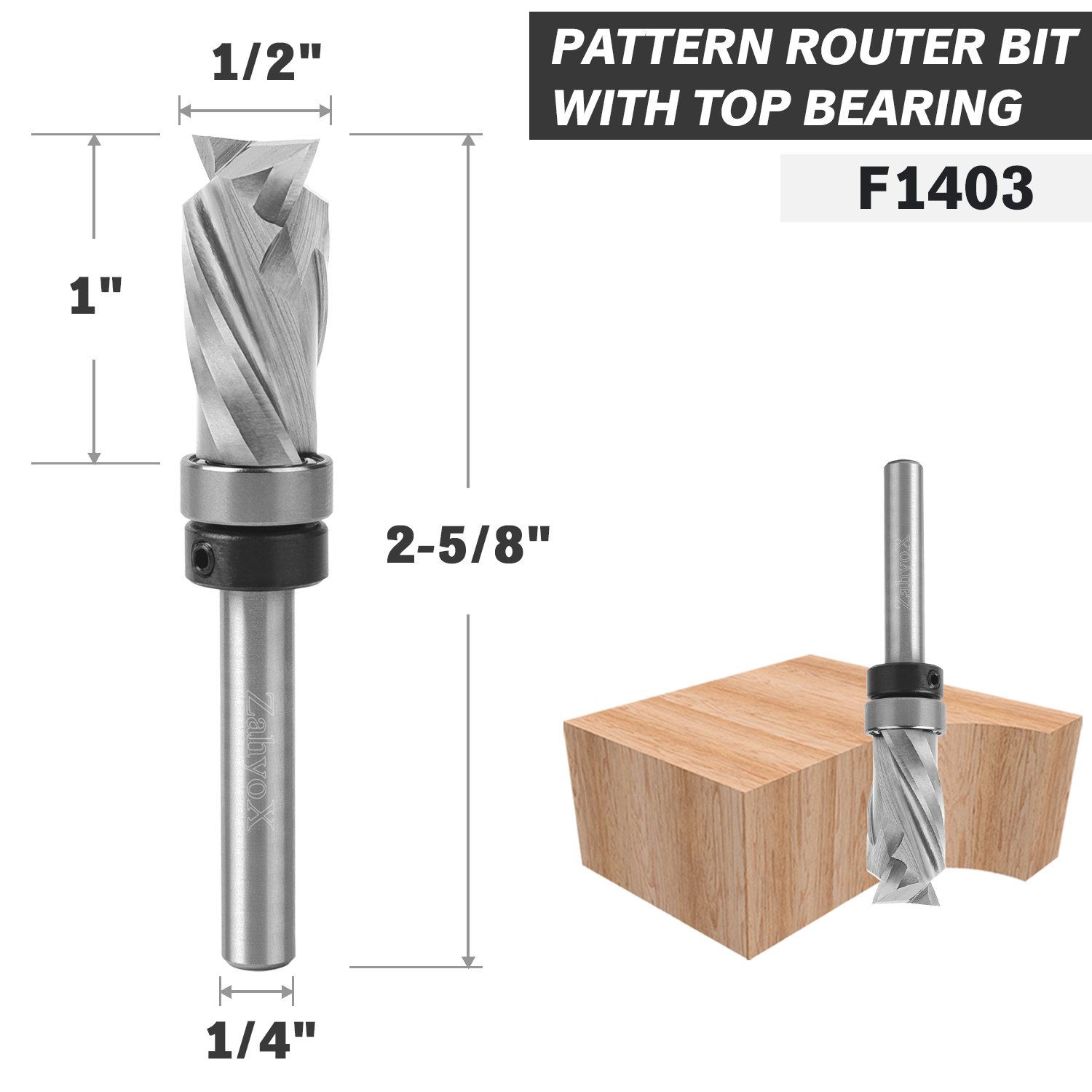 Compression Pattern Router Bit with Top Bearing - 1/4 Shank - 1/2 Cutting Dia - 1 Cutting Length - 2-5/8 Overall Length - F1403 - Zahyox