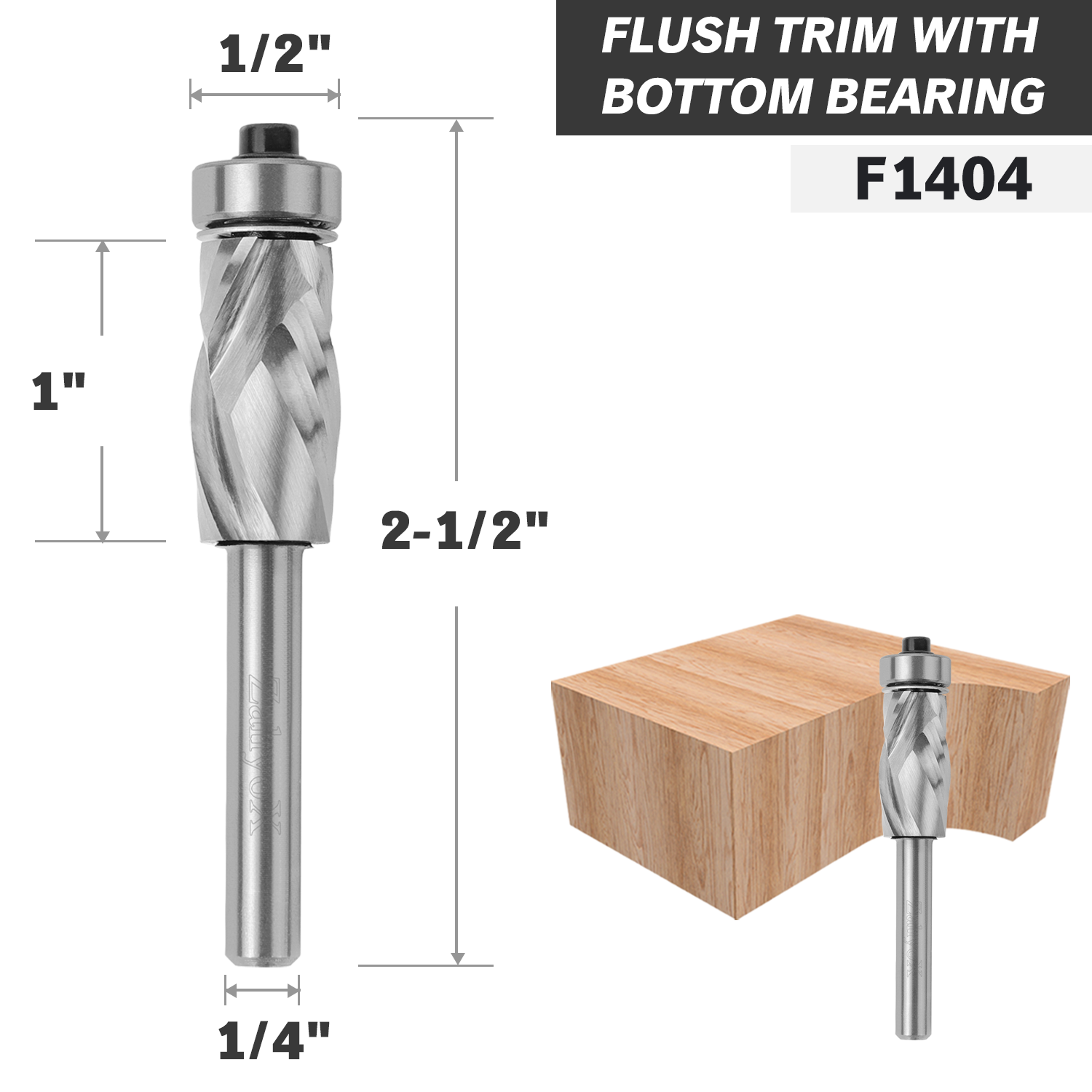 F1404 Compression Flush Trim Router Bit with Bottom Bearing - 1/4 SD - 1/2 CD - 1 CL - 2-1/2 OL - Zahyox