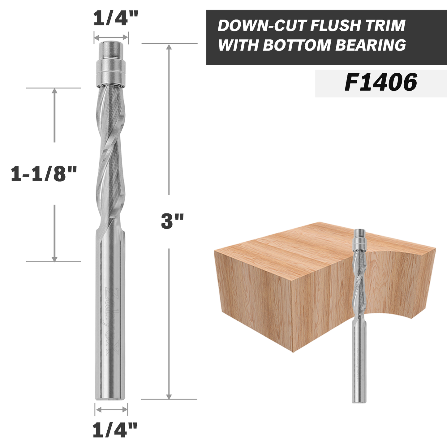 F1406 Downcut Spiral Flush Trim Router Bit with Bottom Bearing - 1/4 SD - 1/4 CD - 1-1/8 CL - 3 OL - Zahyox