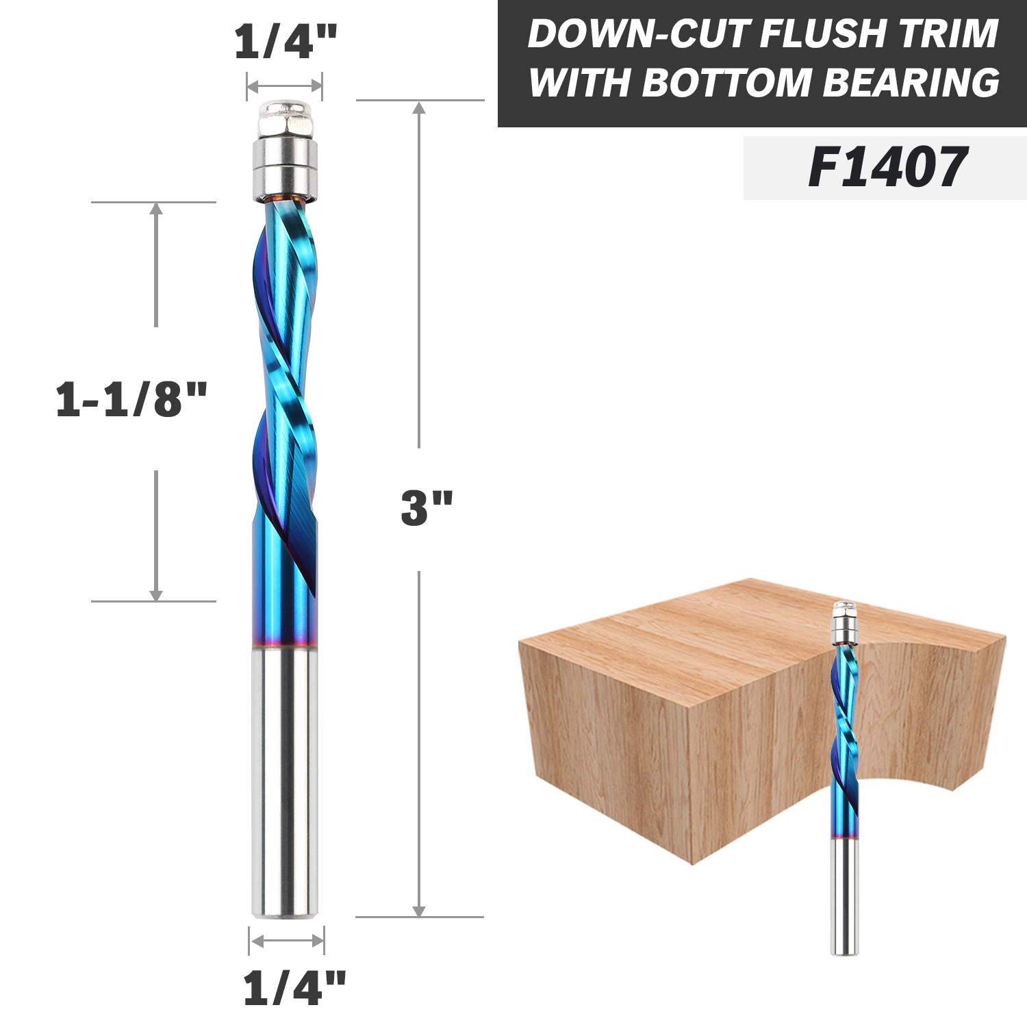 1/4 Downcut Flush Trim Router Bit with Bottom Bearing - 1/4 Cutting Dia - 1-1/8 Cutting Length - 3 OAL - F1407 - Zahyox