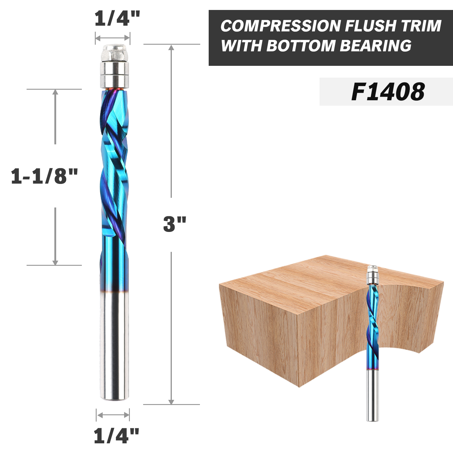 1/4 Up & Down Spiral Flush Trim with Bottom Bearing  - 1/4 Cutting Dia - 1-1/8 Cutting Length - 3 OAL - F1408 - Zahyox