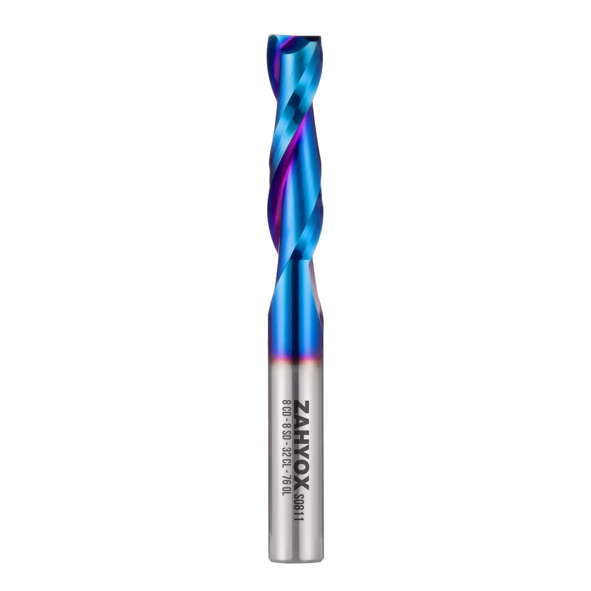 S0811 Solid Carbide Metric Upcut Spiral Router Bit - Nano Coated -2 Flutes - 8mm SD - 8mm CD - 32mm CL - 76mm OL - Zahyox