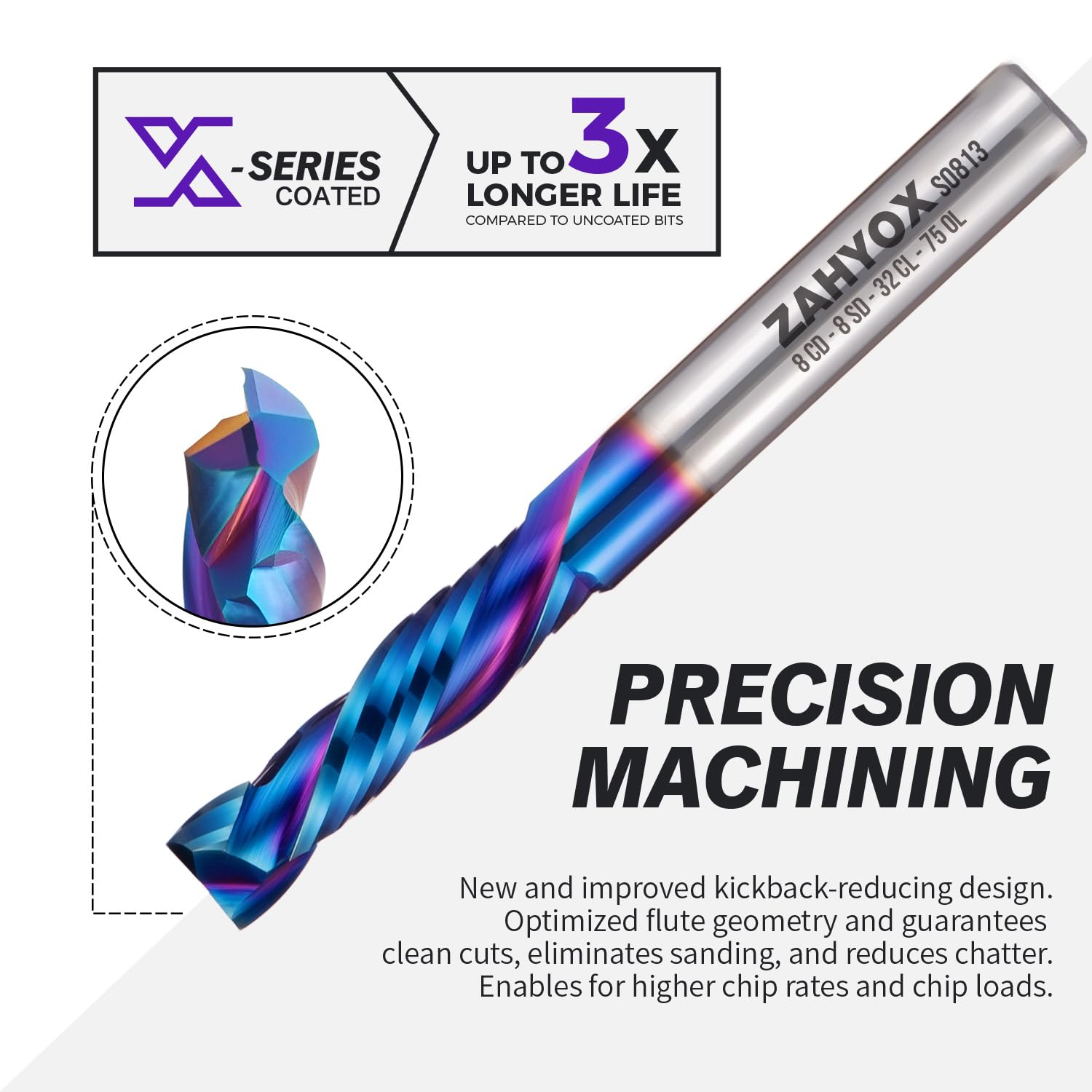 S0813 Solid Carbide Metric Compression Spiral Router Bit - Nano Coated -2 Flutes - 8mm SD - 8mm CD - 32mm CL - 76mm OL - Zahyox