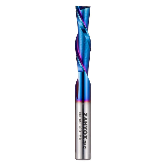 S0812 Solid Carbide Metric Downcut Spiral Router Bit - Nano Coated -2 Flutes - 8mm SD - 8mm CD - 32mm CL - 76mm OL - Zahyox