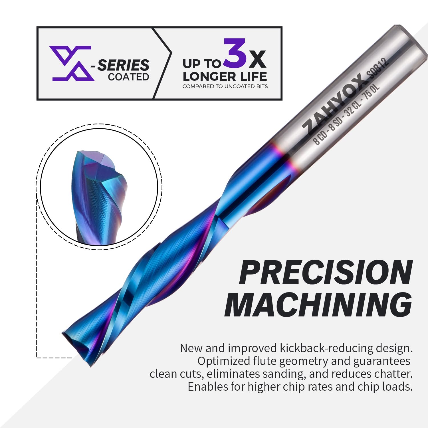 S0812 Solid Carbide Metric Downcut Spiral Router Bit - Nano Coated -2 Flutes - 8mm SD - 8mm CD - 32mm CL - 76mm OL - Zahyox