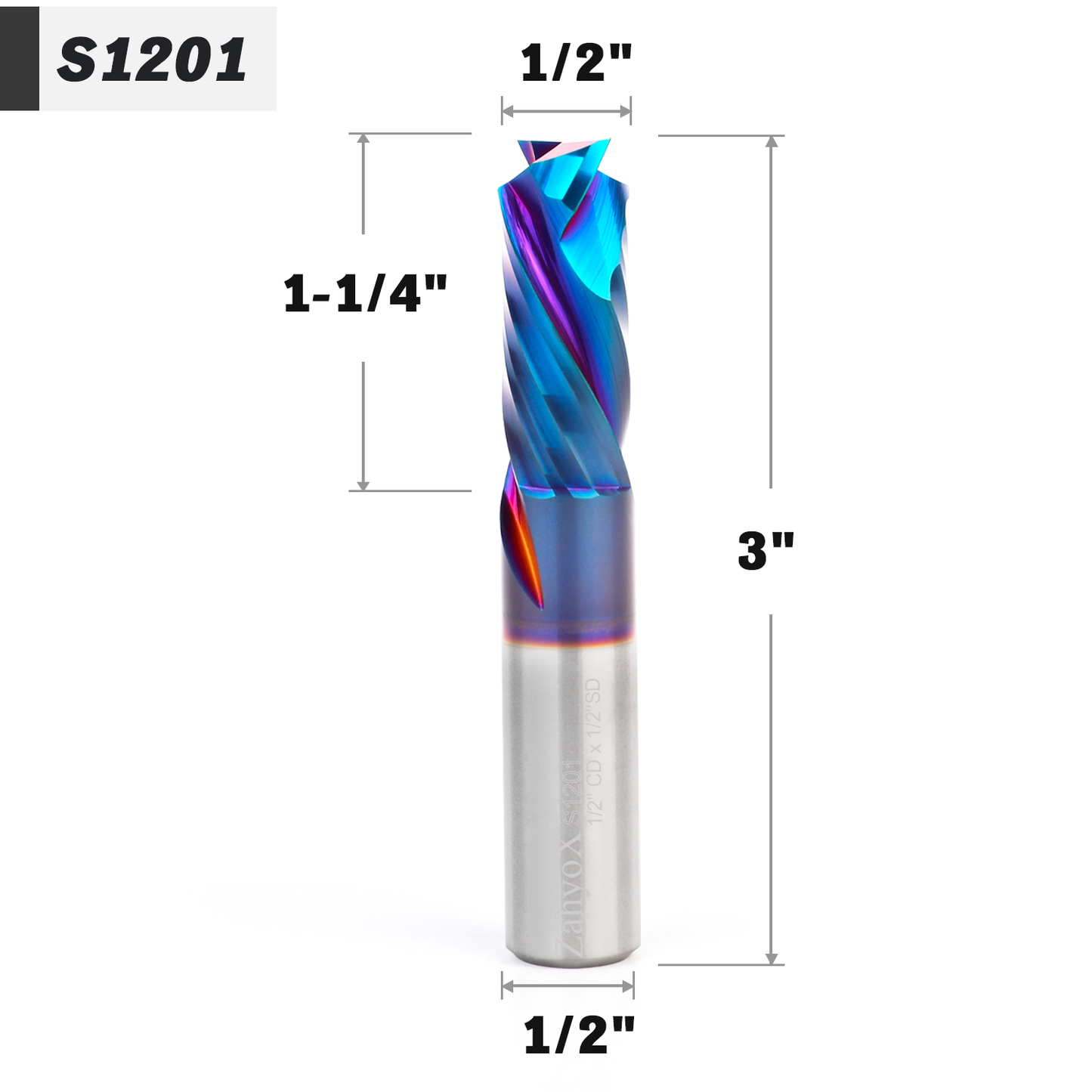 1/2" Shank Compression nACo Coated CNC Spiral Router Bit - 2 Flutes - 1/2" CD - 1-1/4" CL - 3" OL - S1201 - Zahyox