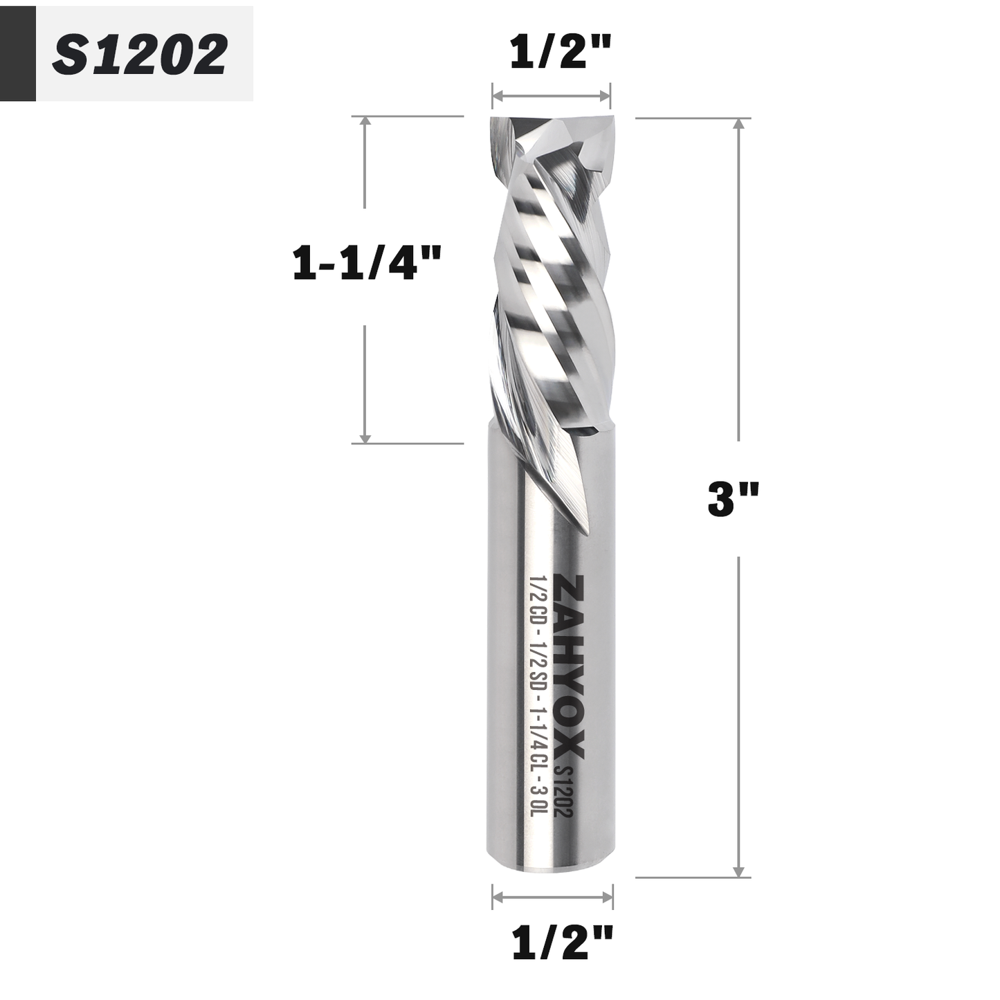 1/2" Shank Compression CNC Spiral Router Bit - 2 Flutes - 1/2" Cutting Dia - 1-1/4" LOC - 3" OAL - S1202 - Zahyox