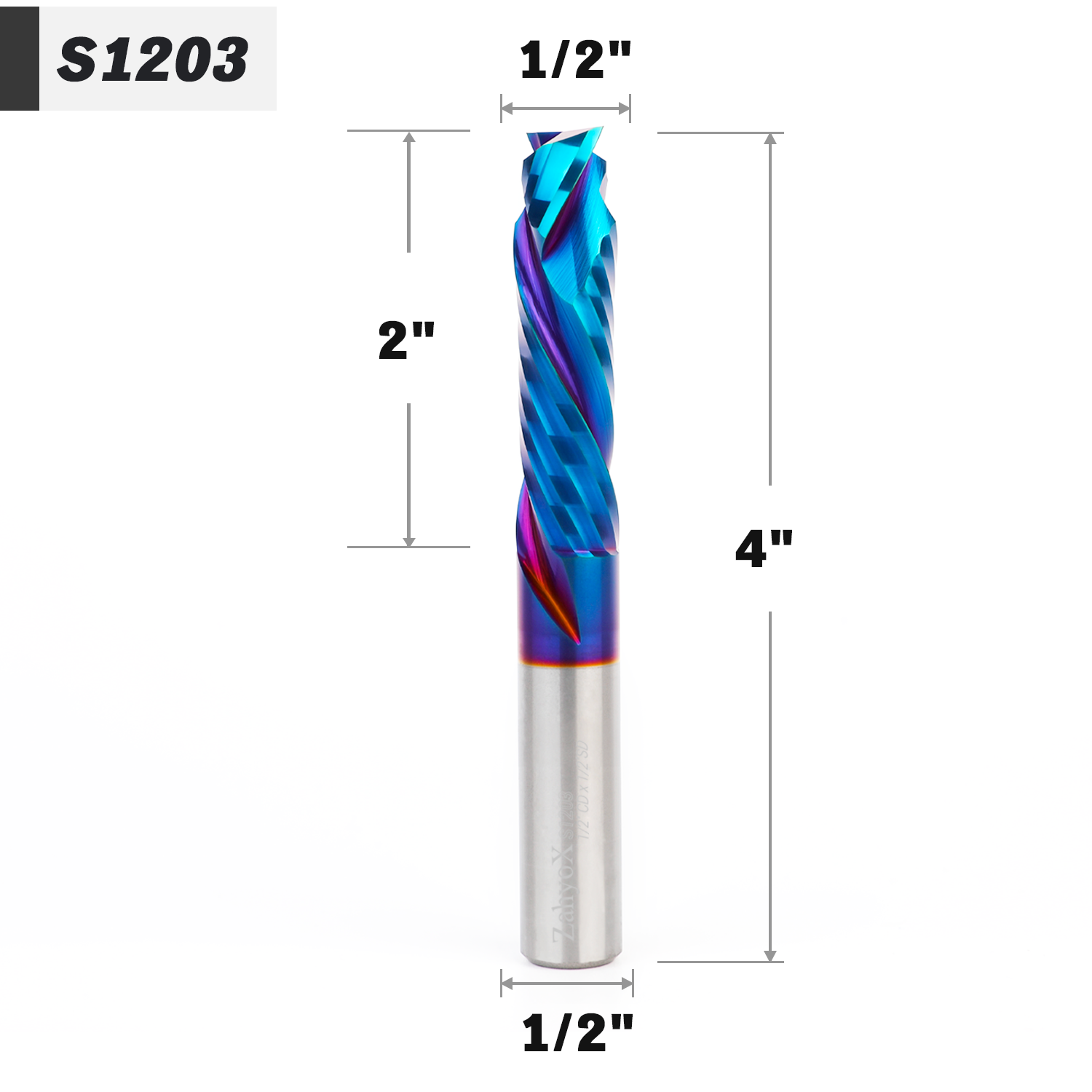 1/2" Shank Compression nACo Coated CNC Spiral Router Bit  - 2 Flutes - 1/2" CD - 2" CL - 4" OL - S1203 - Zahyox