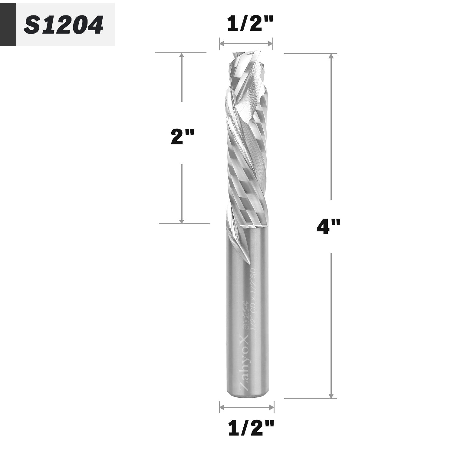 1/2" Shank Compression Solid Carbide CNC Spiral Router Bit - 2 Flutes - 1/2" CD - 2" CL - 4" OL - S1204 - Zahyox