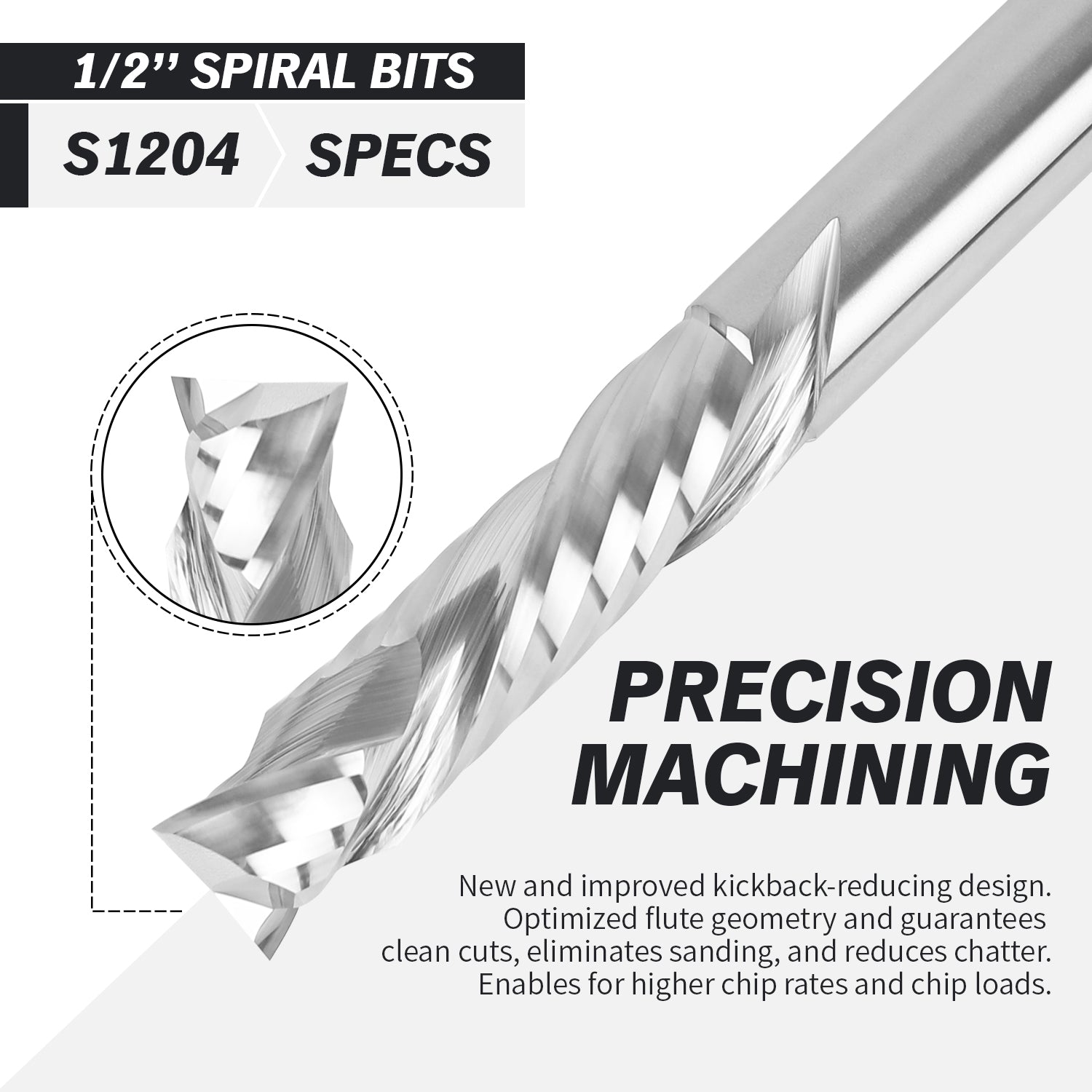 1/2" Shank Compression Solid Carbide CNC Spiral Router Bit - 2 Flutes - 1/2" CD - 2" CL - 4" OL - S1204 - Zahyox