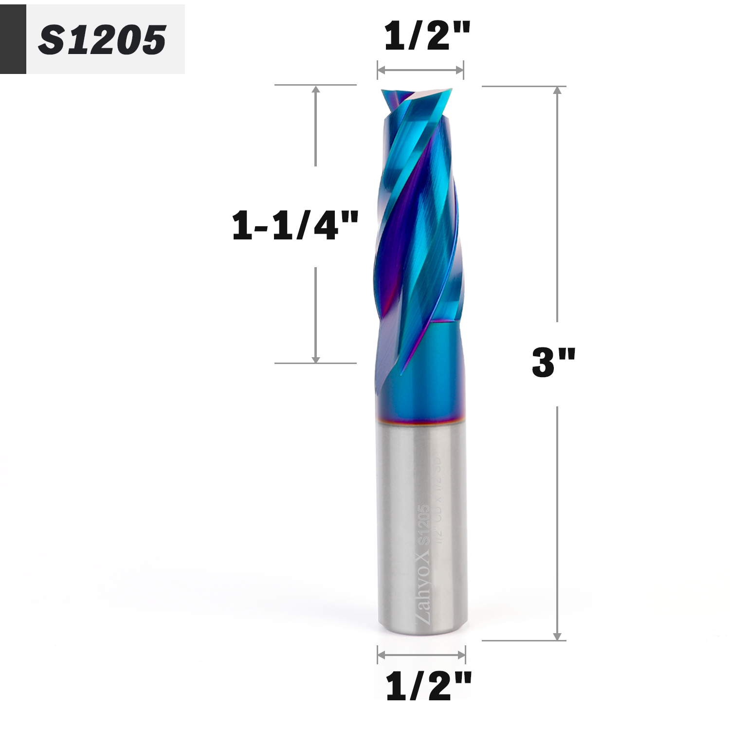 1/2" Shank Upcut nACo Coated CNC Spiral Router Bit - 2 Flutes  1/2" CD - 1-1/4" CL - 3" OAL - S1205 - Zahyox