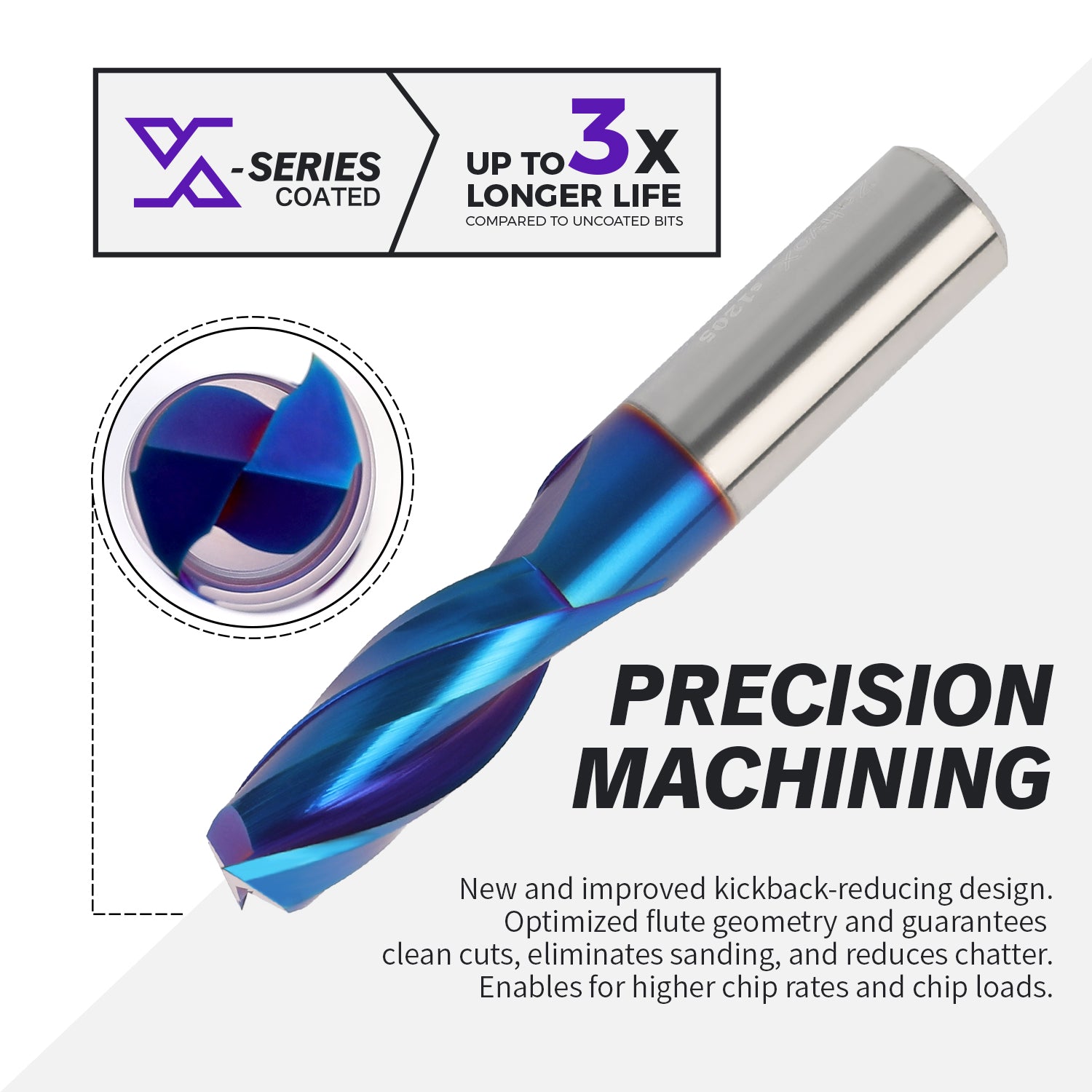 1/2" Shank Upcut nACo Coated CNC Spiral Router Bit - 2 Flutes  1/2" CD - 1-1/4" CL - 3" OAL - S1205 - Zahyox