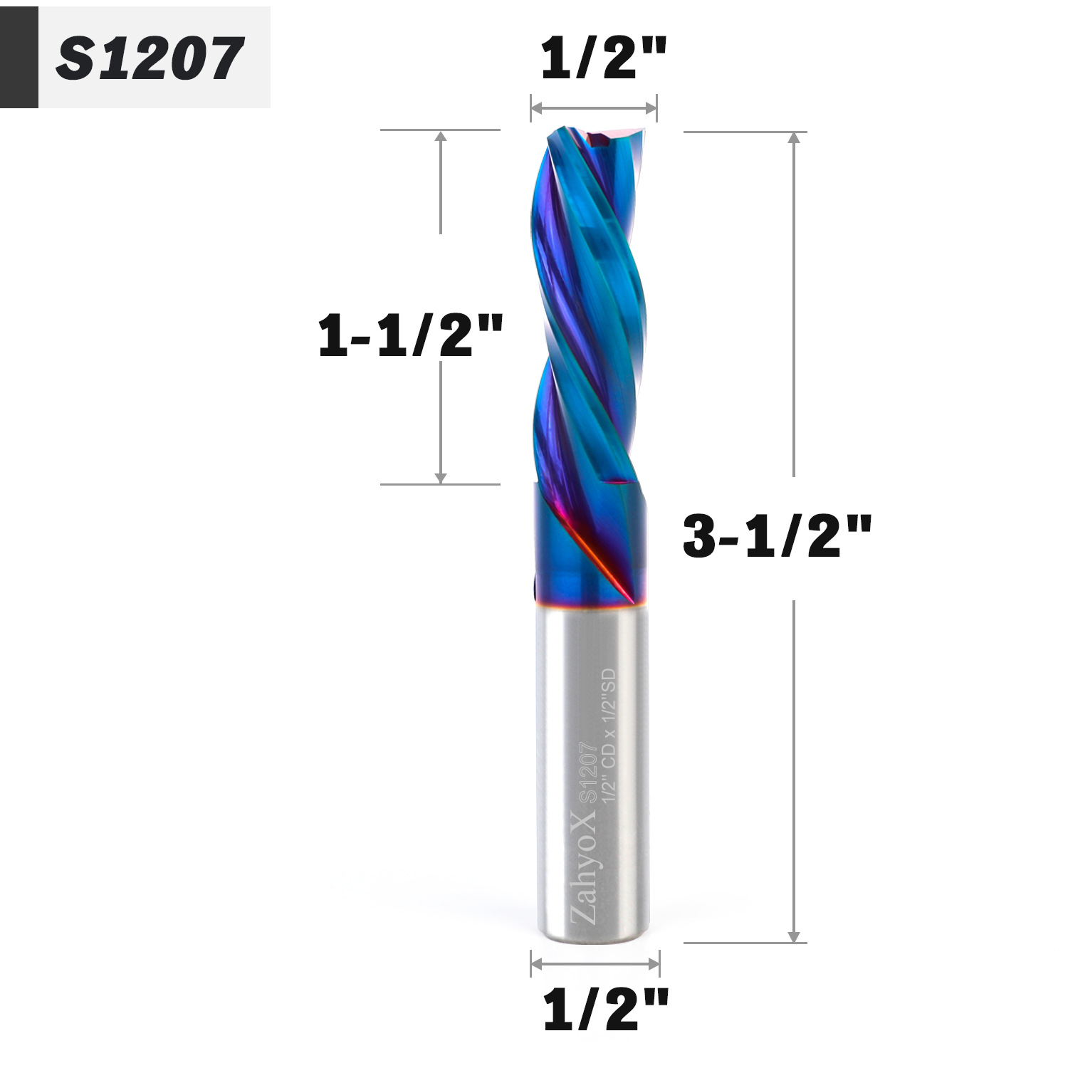 1/2" Shank Downcut nACo Coated CNC Spiral Router Bit- 3 Flutes - 1/2" CD - 1-1/2" CL - 3-1/2" OL - S1207 - Zahyox