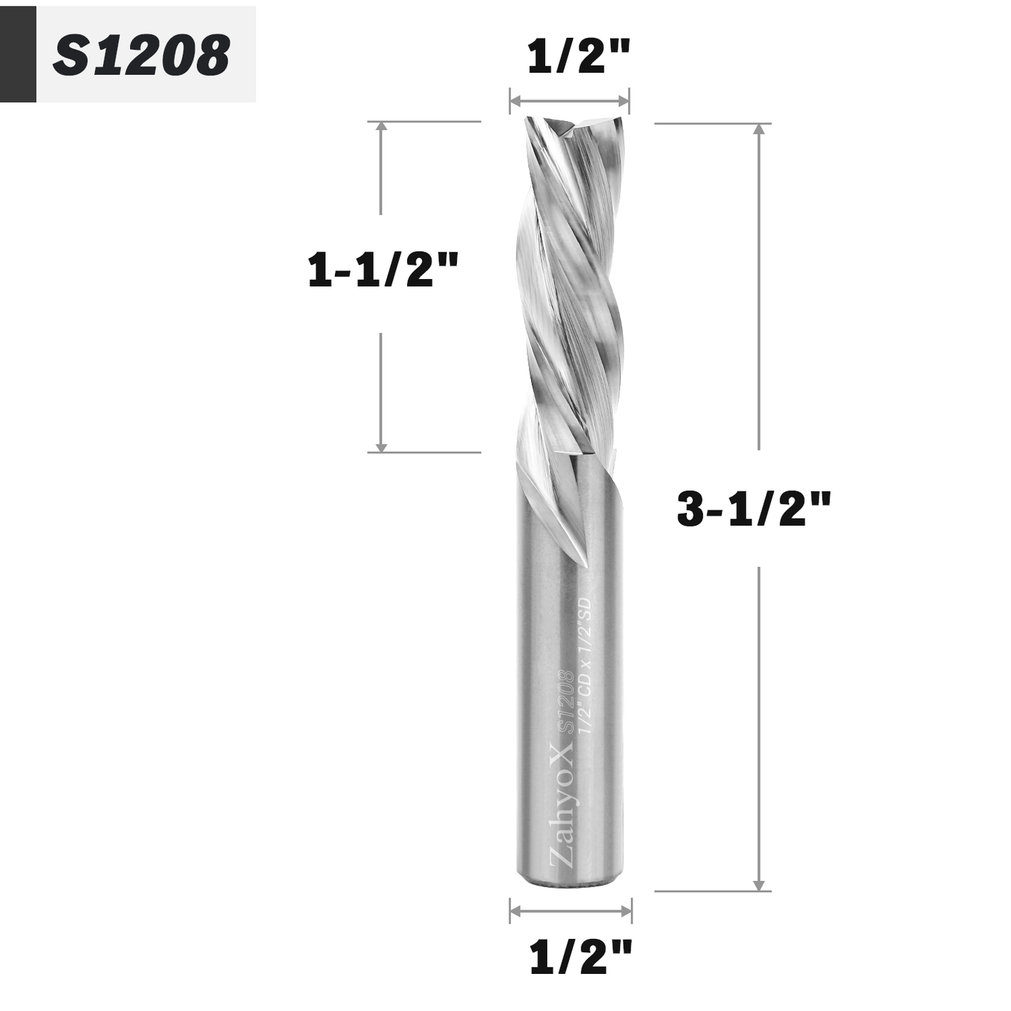 1/2" Shank Downcut Solid Carbide CNC Spiral Router Bit - 3 Flutes - 1/2" CD - 1-1/2" CL - 3-1/2" OL - S1208